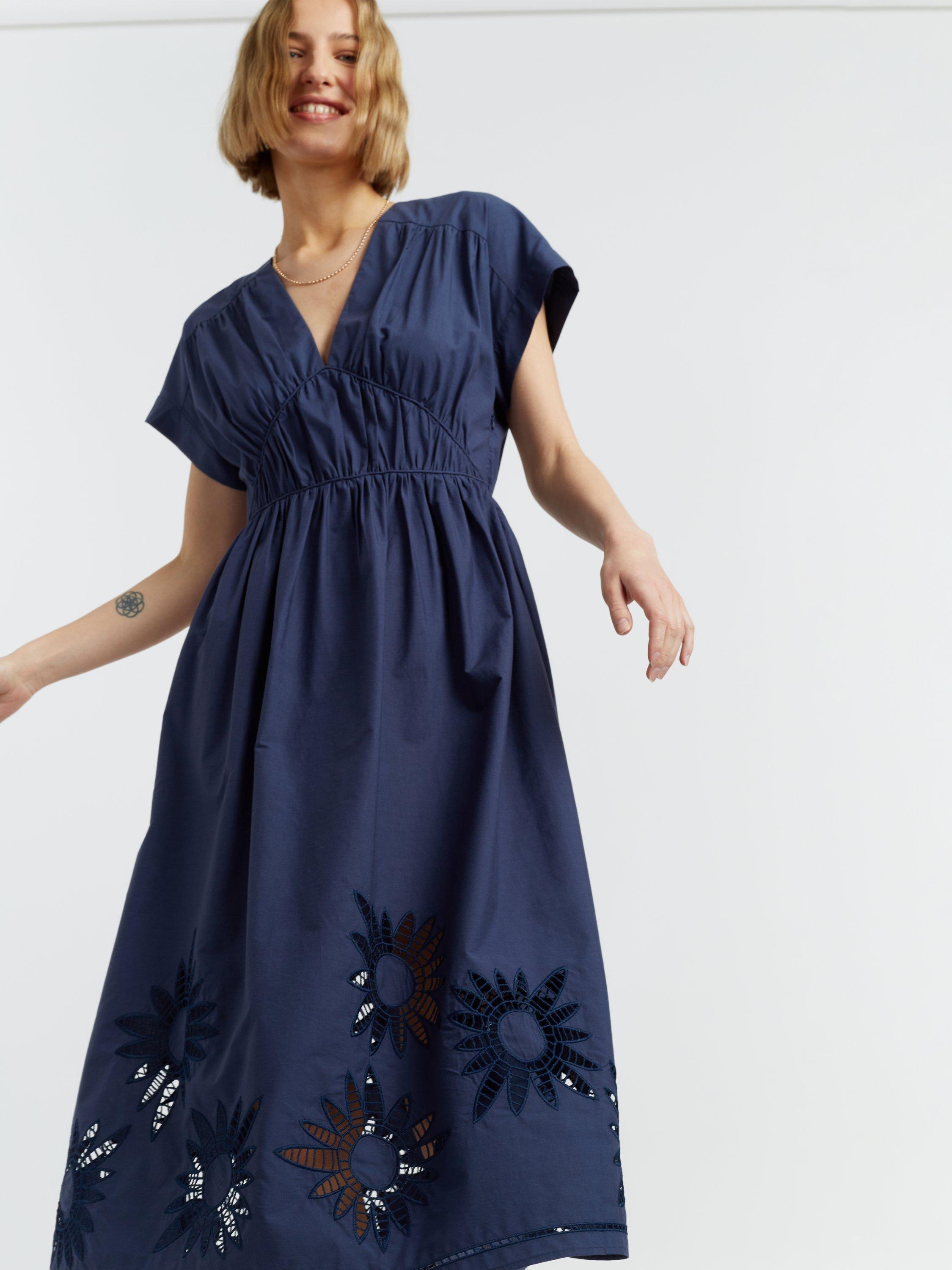 Product image 3 of 5, which shows Chinti & Parker Broderie Cotton Empire Line Midi Dress, Navy, 6
