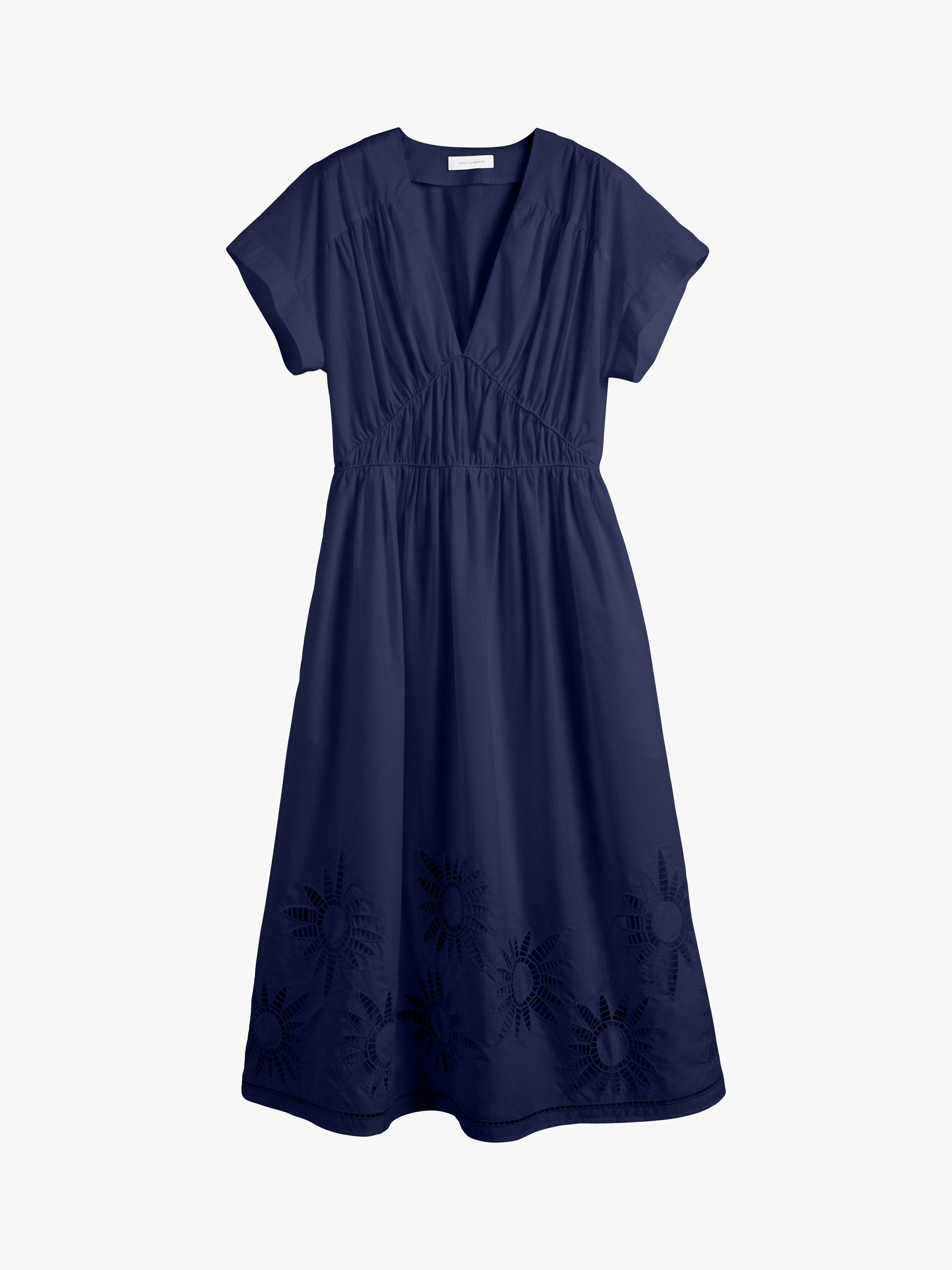 Product image 4 of 5, which shows Chinti & Parker Broderie Cotton Empire Line Midi Dress, Navy, 6