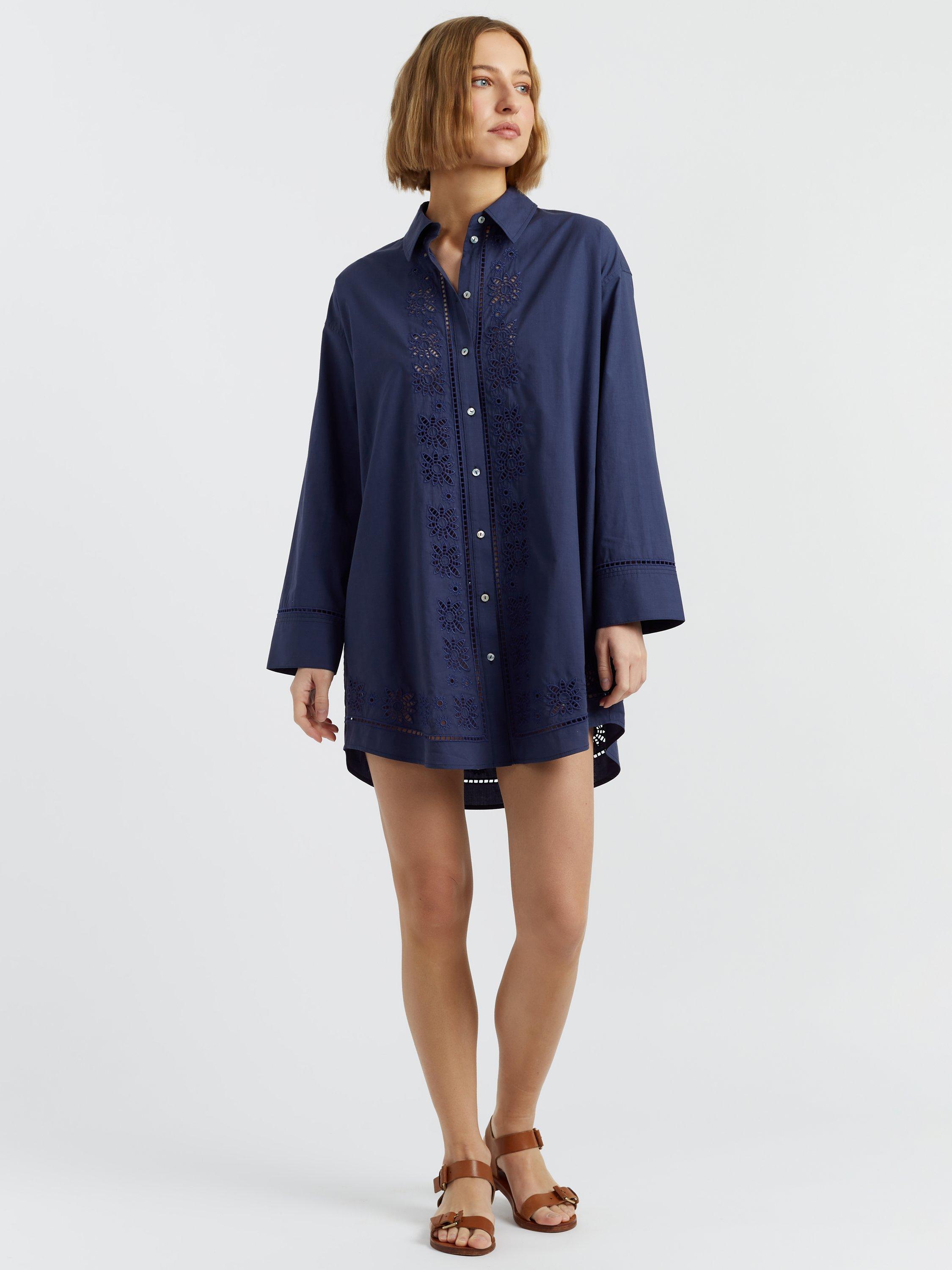 Product image 1 of 4, which shows Chinti & Parker Broderie Anglaise Shirt Dress, Navy, 6