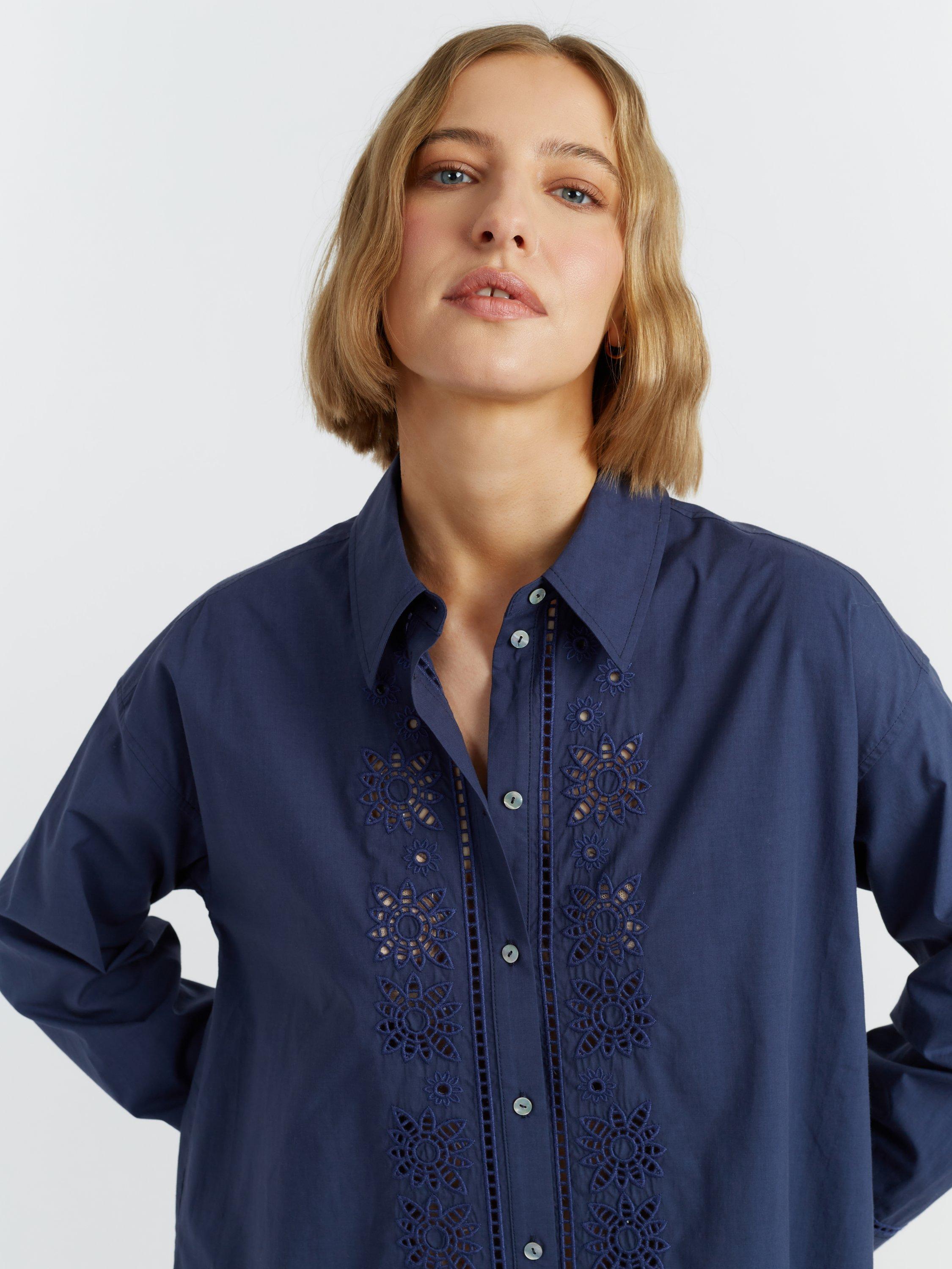 Product image 3 of 4, which shows Chinti & Parker Broderie Anglaise Shirt Dress, Navy, 6