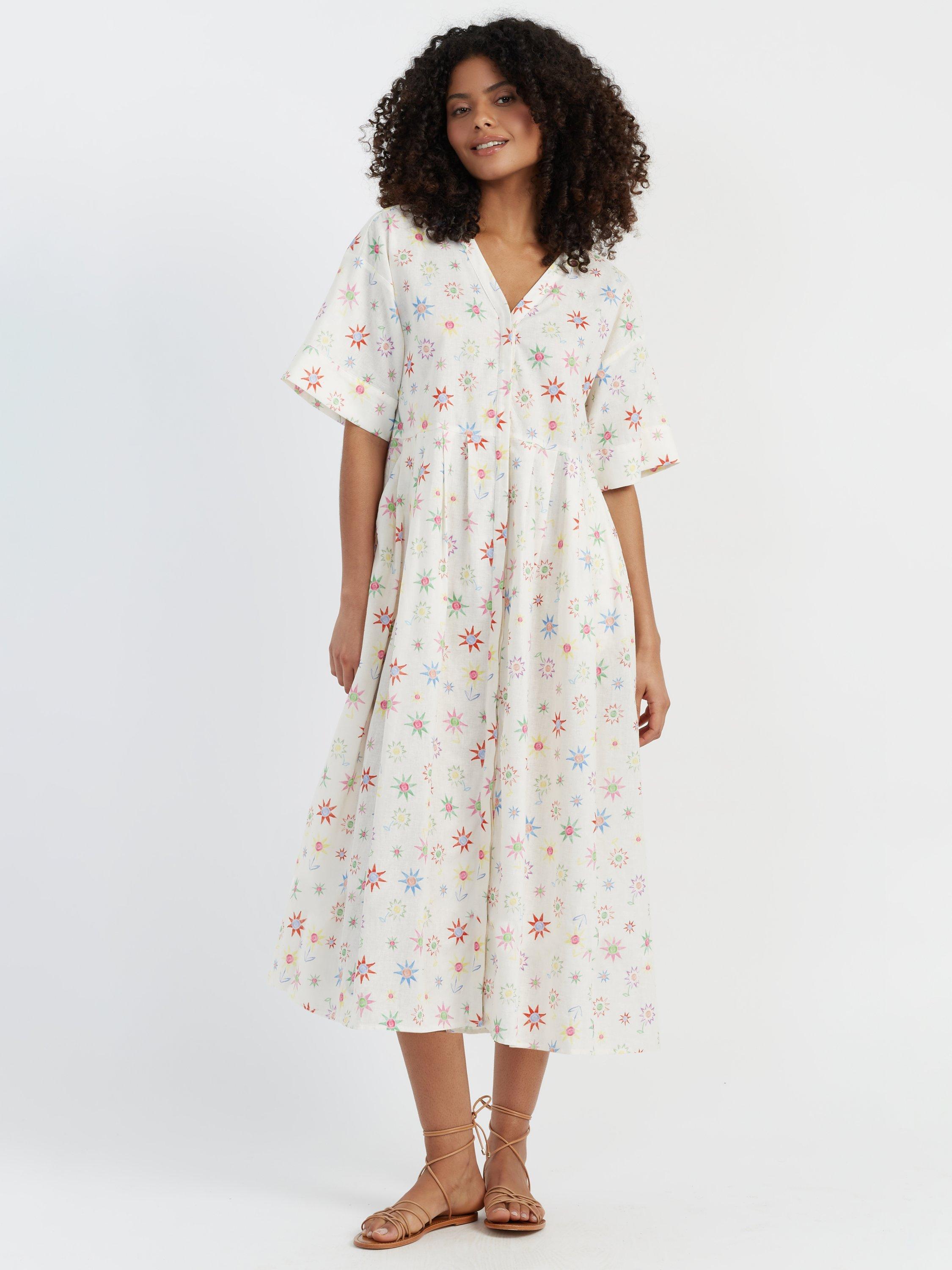 Product image 1 of 3, which shows Chinti & Parker Etoile V-Neck Linen Blend Sun Dress, Cream, 6