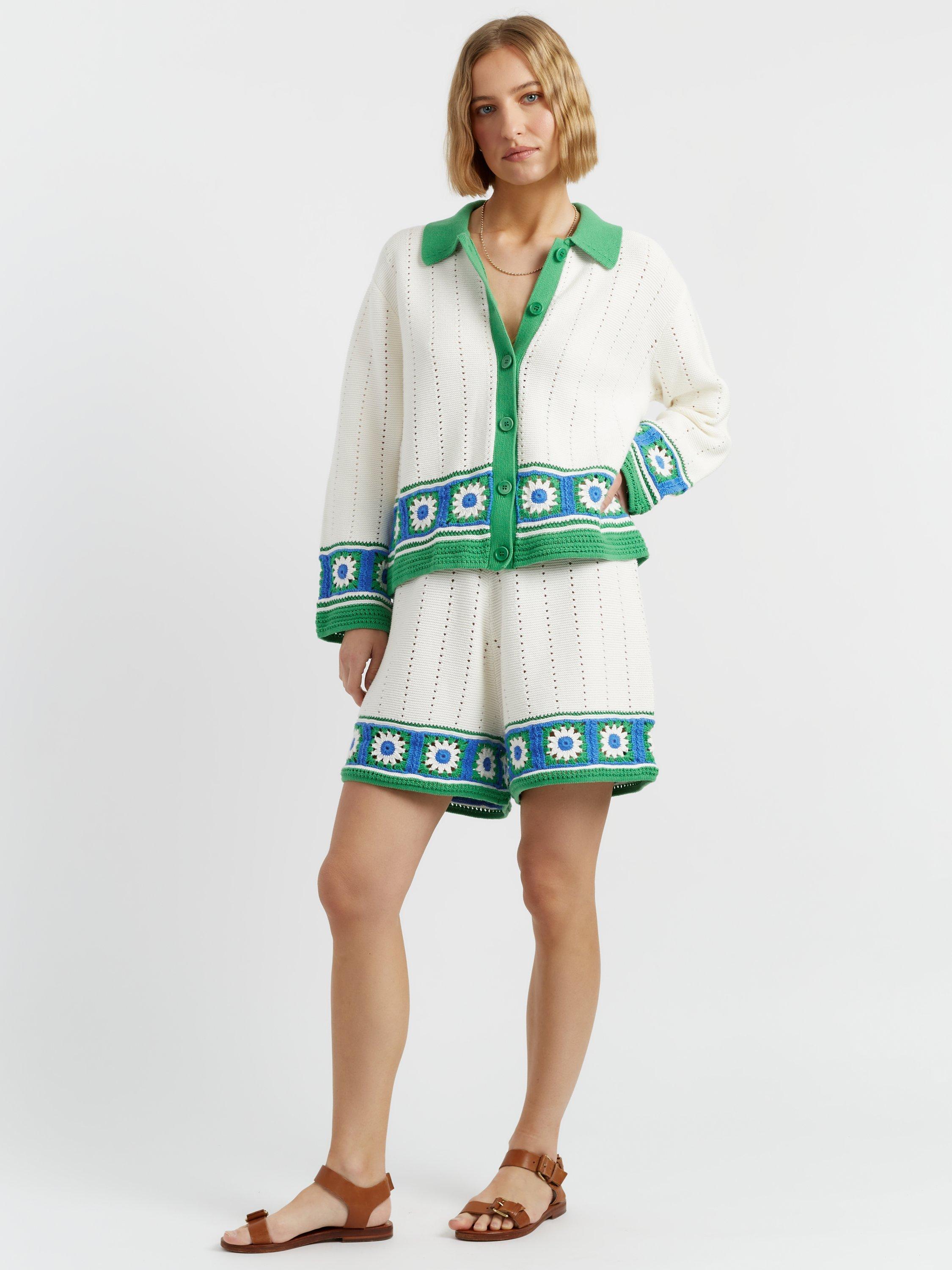 Product image 1 of 4, which shows Chinti & Parker Hand Crochet Floral Border Shirt, Cream/Green/Blue, XS