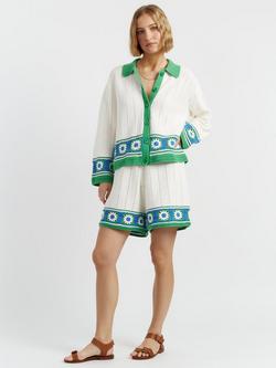 Chinti & Parker Hand Crochet Floral Border Shirt, Cream/Green/Blue