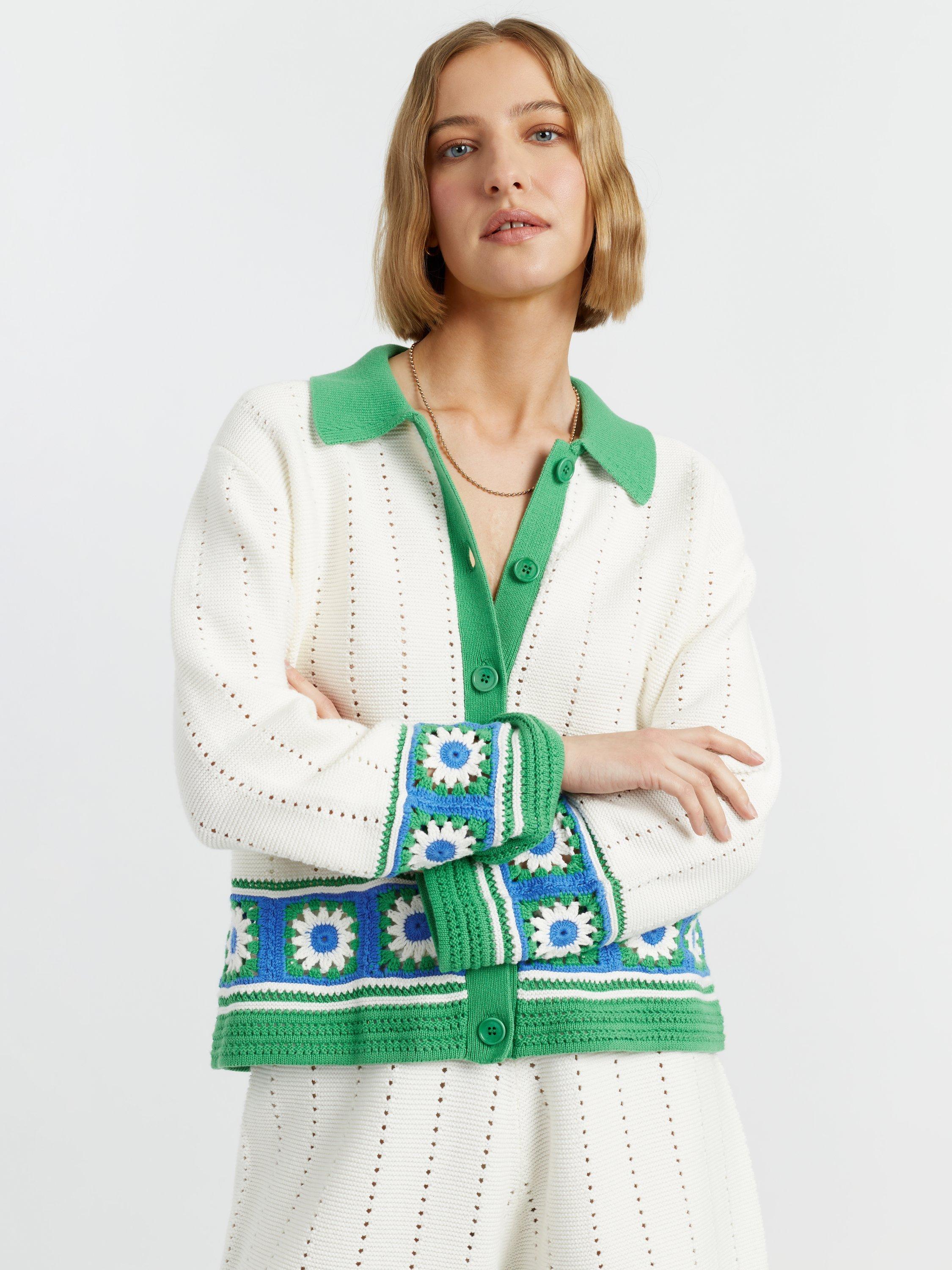 Product image 3 of 4, which shows Chinti & Parker Hand Crochet Floral Border Shirt, Cream/Green/Blue, XS
