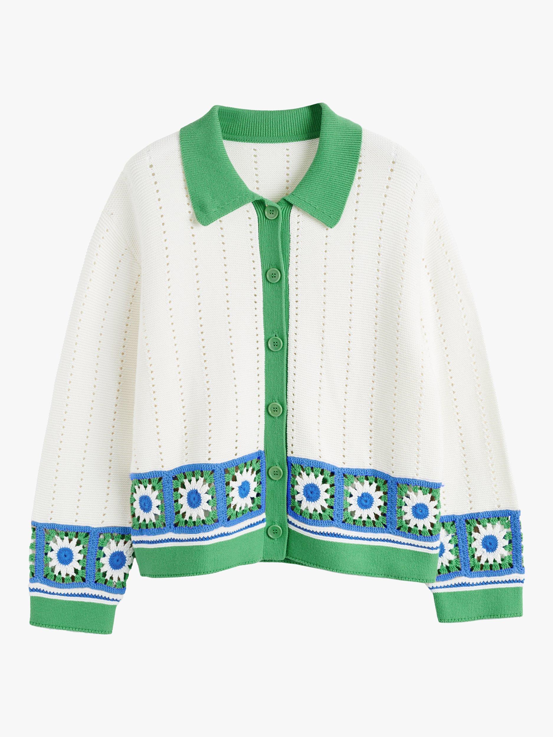 Product image 4 of 4, which shows Chinti & Parker Hand Crochet Floral Border Shirt, Cream/Green/Blue, XS