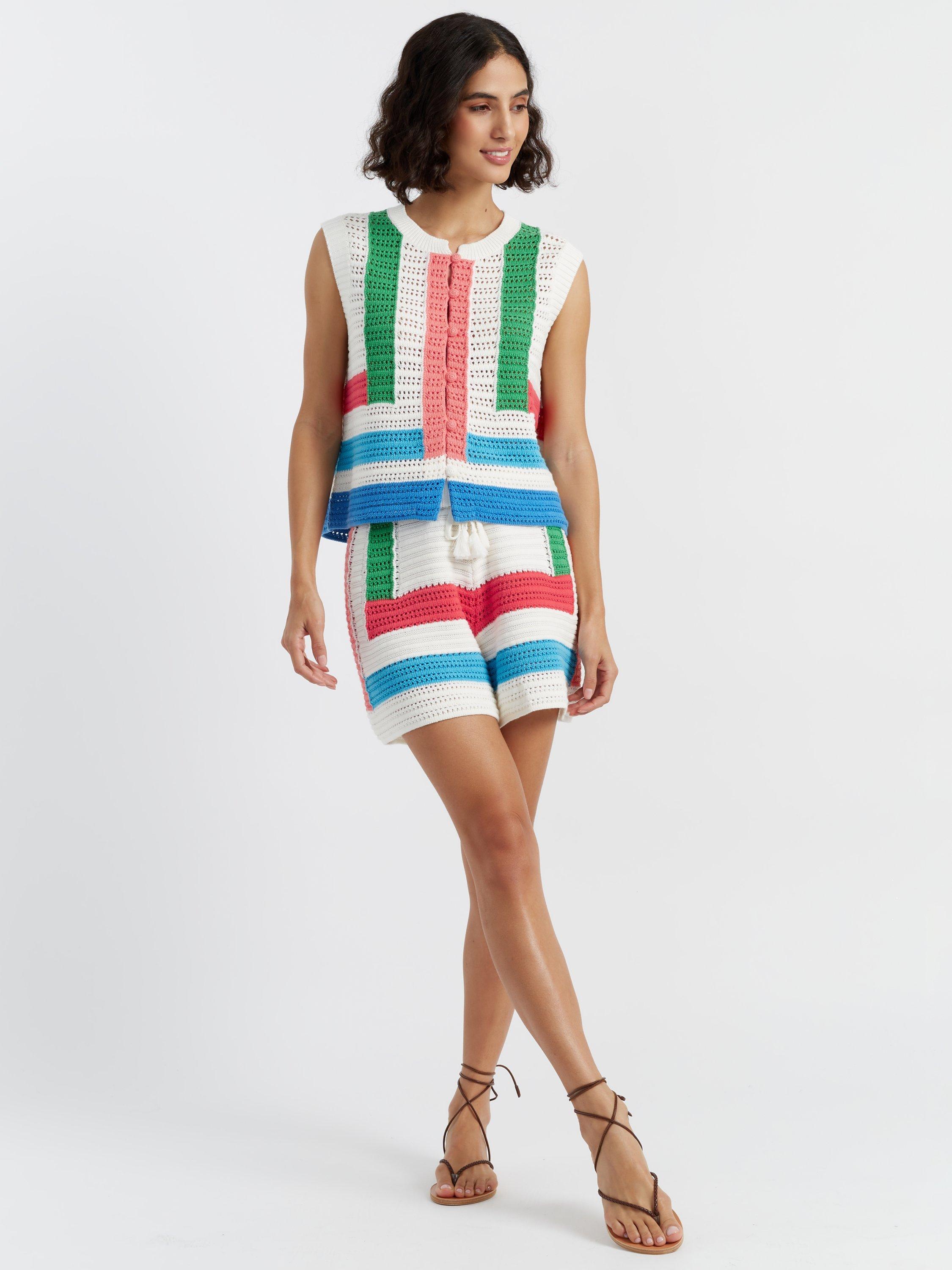 Product image 1 of 4, which shows Chinti & Parker Capri Crochet Shorts, Cream/Multi, XS