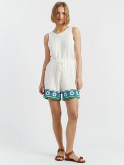 Chinti & Parker Hand Crochet Floral Border Shorts, Cream/Green/Blue
