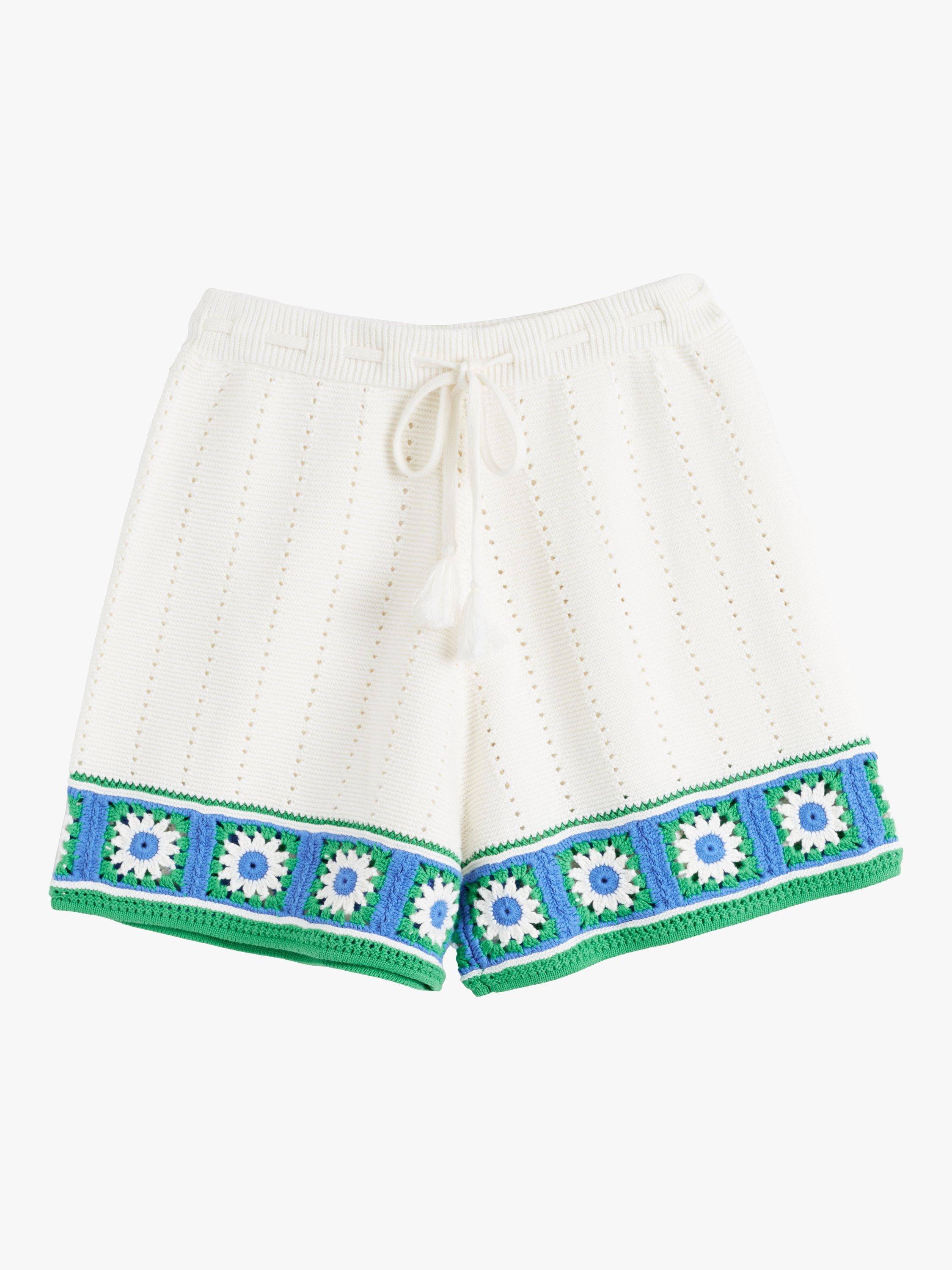 Product image 4 of 5, which shows Chinti & Parker Hand Crochet Floral Border Shorts, Cream/Green/Blue, XS