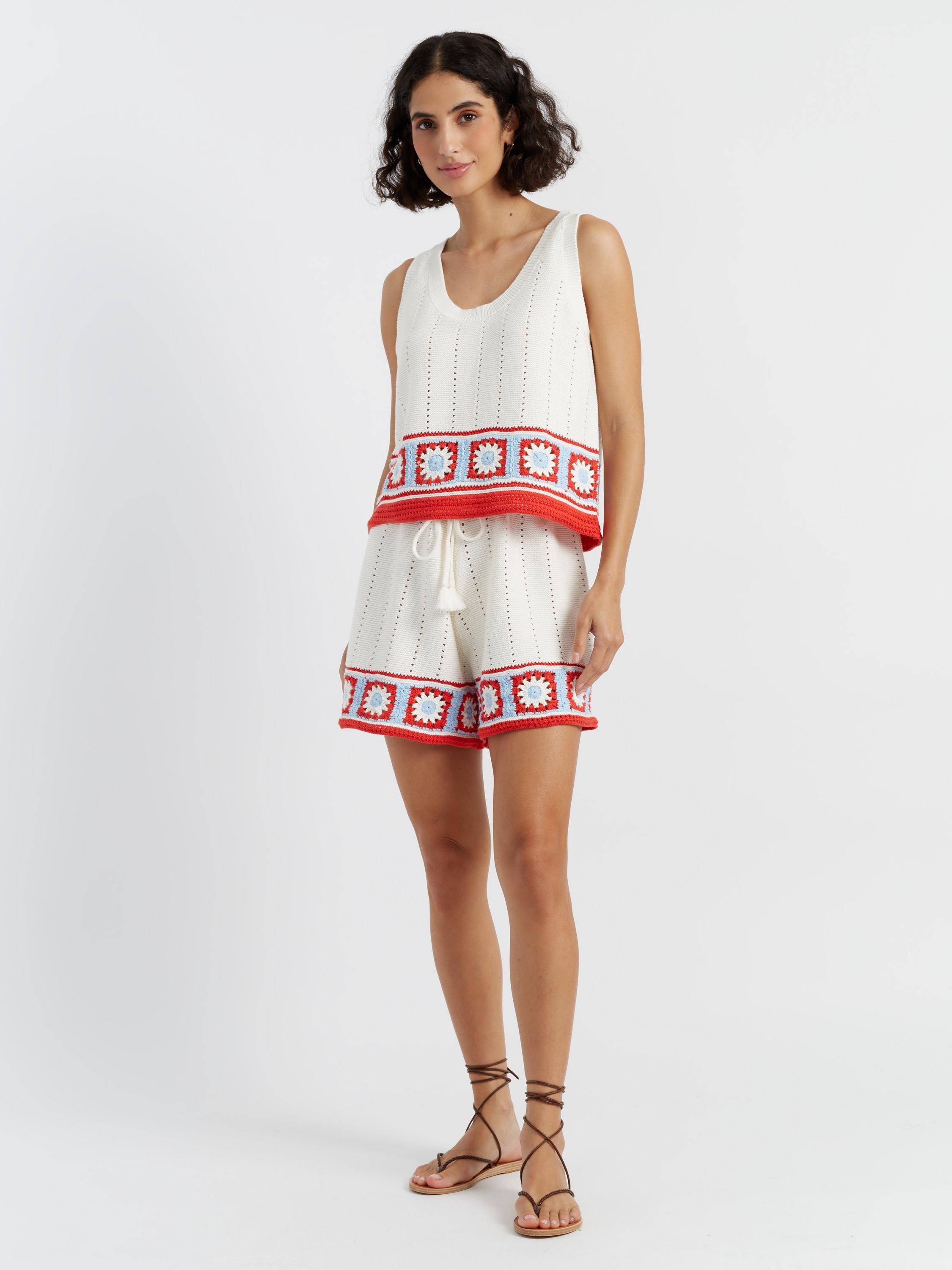 Product image 1 of 4, which shows Chinti & Parker Hand Crochet Floral Border Shorts, Cream, XS