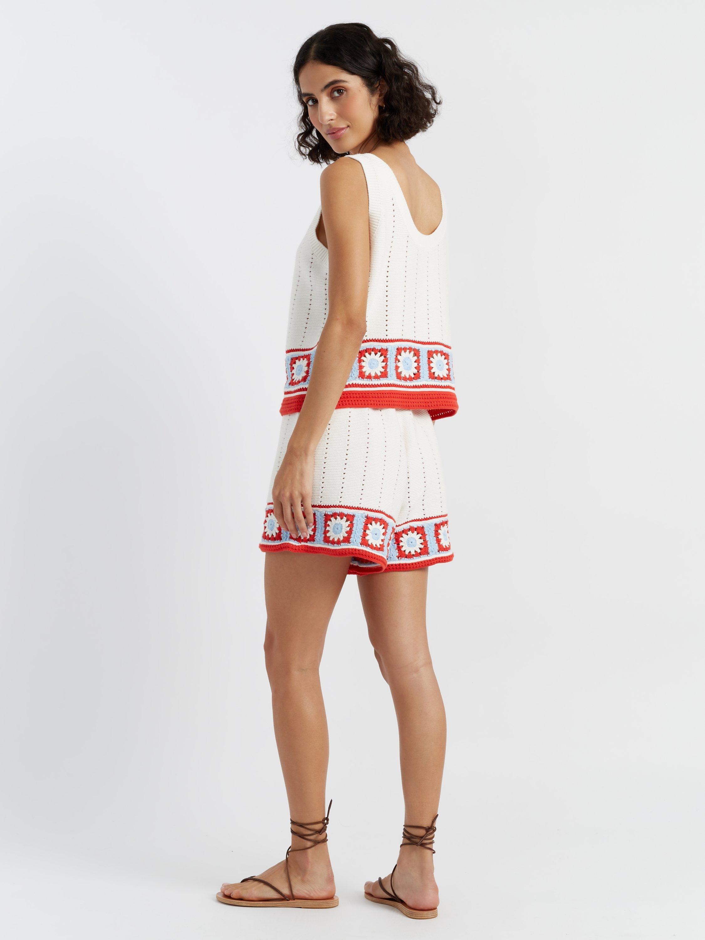 Product image 2 of 4, which shows Chinti & Parker Hand Crochet Floral Border Shorts, Cream, XS