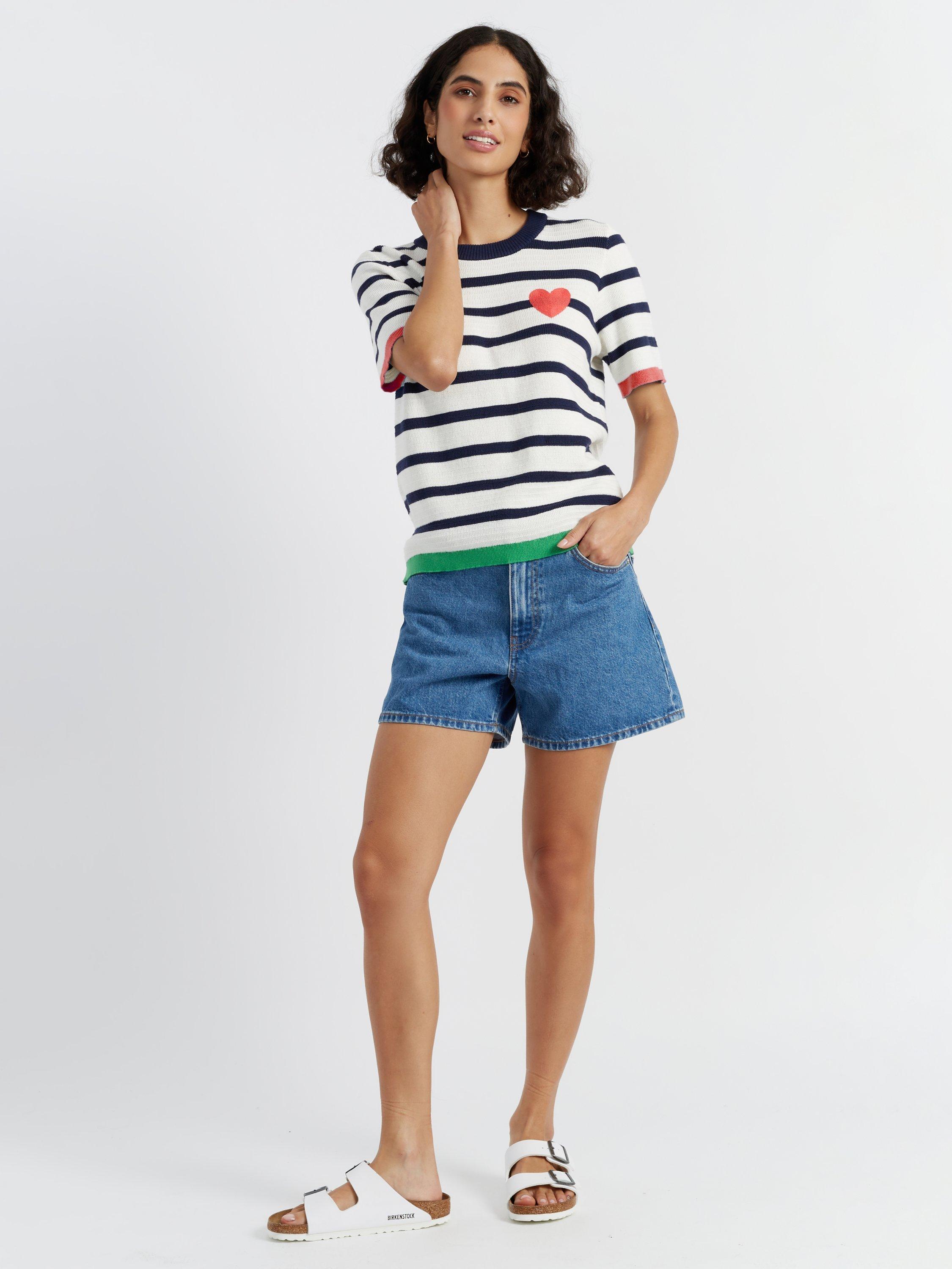 Product image 1 of 3, which shows Chinti & Parker Cotton Heart Breton T-Shirt, Cream/Navy, XS