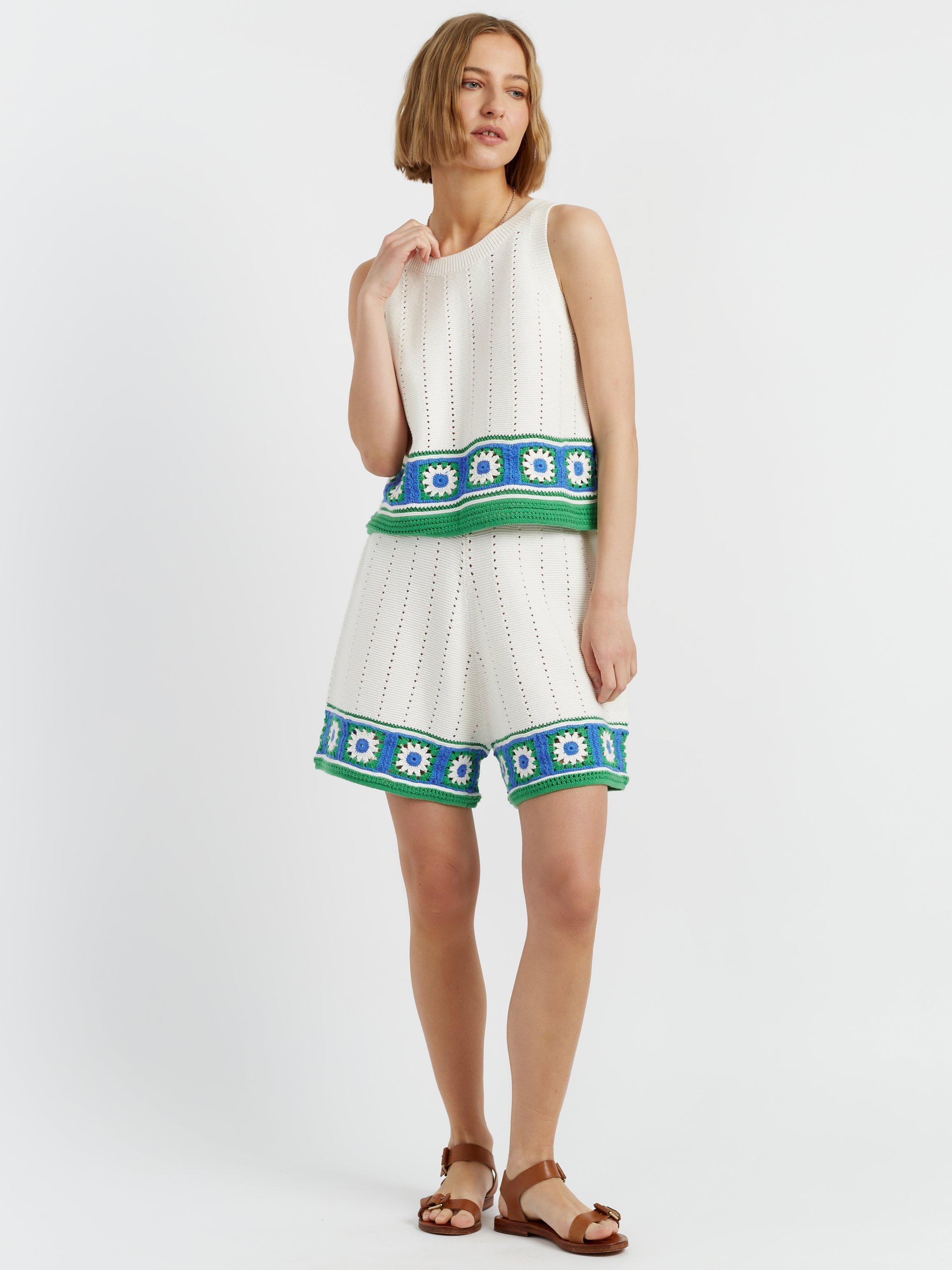 Product image 1 of 4, which shows Chinti & Parker Hand Crochet Floral Border Vest, Cream/Green/Blue, XS