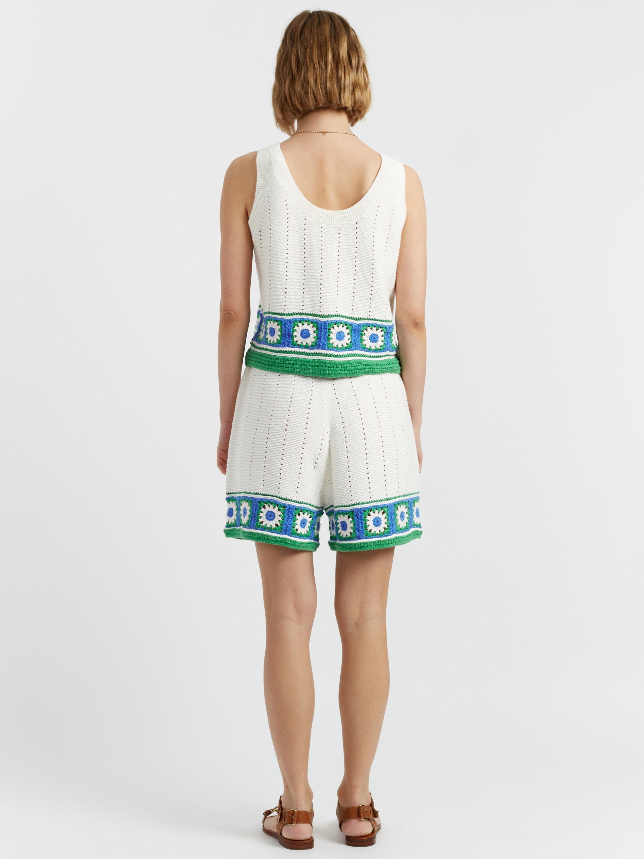 Product image 2 of 4, which shows Chinti & Parker Hand Crochet Floral Border Vest, Cream/Green/Blue, XS