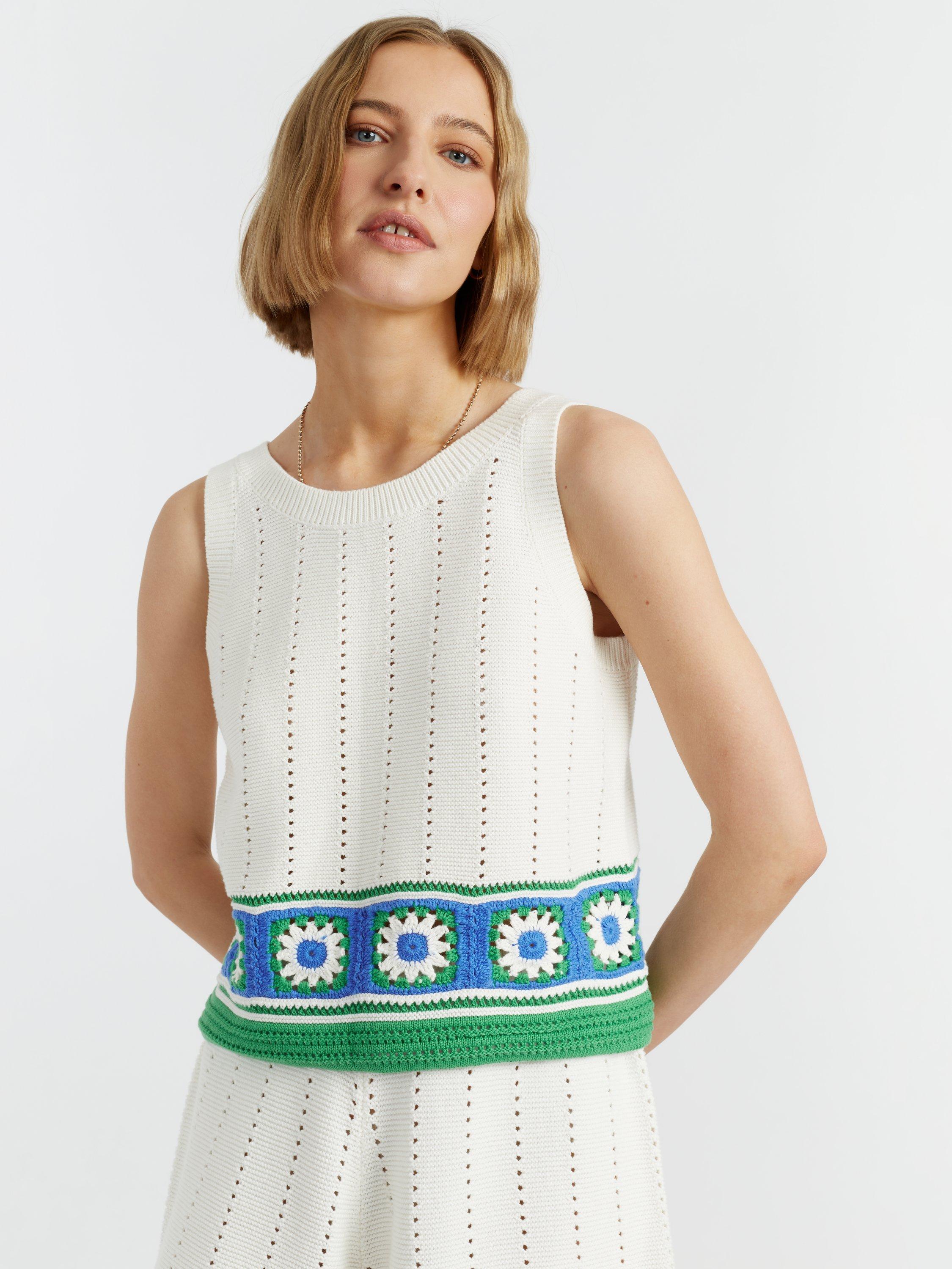 Product image 3 of 4, which shows Chinti & Parker Hand Crochet Floral Border Vest, Cream/Green/Blue, XS