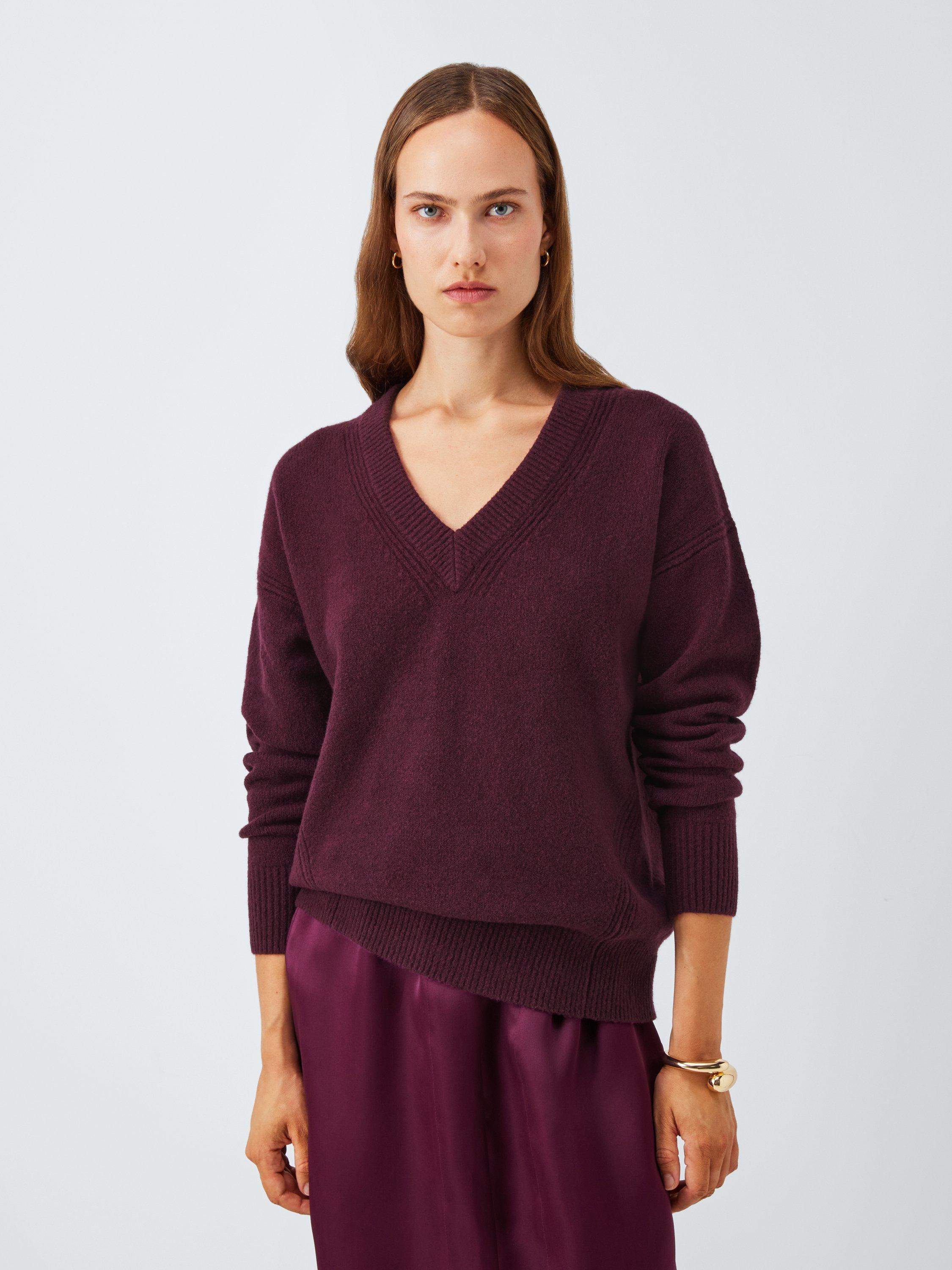 Product image 1 of 6, which shows John Lewis Soft Cotton & Wool Blend V-Neck Jumper, Berry, XL
