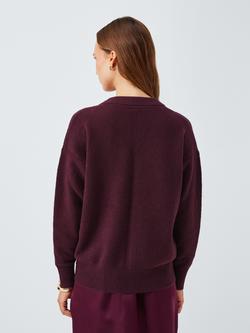 John Lewis Soft Cotton & Wool Blend V-Neck Jumper - view 2, Berry