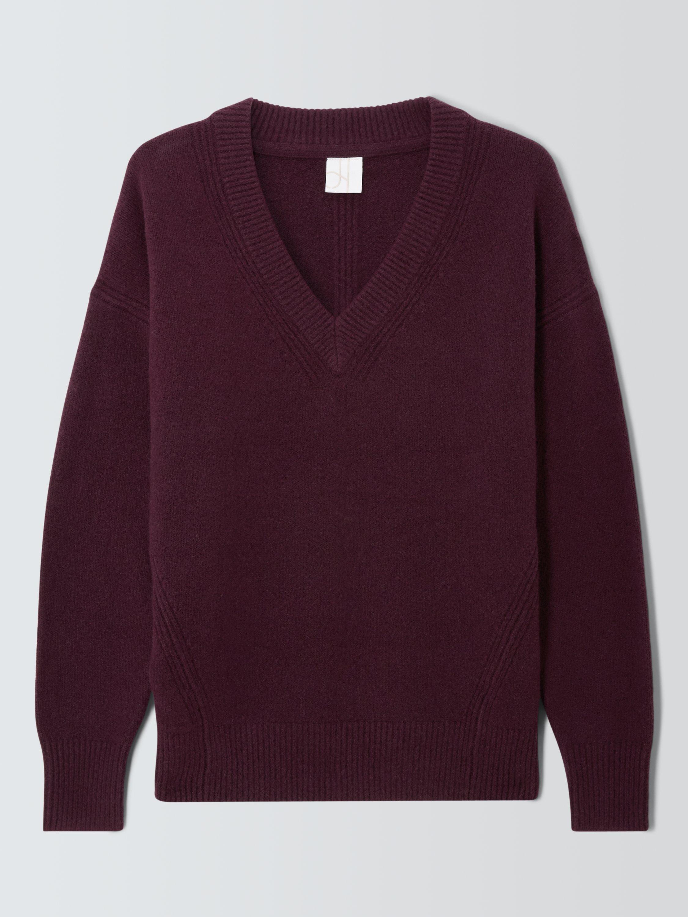 Product image 4 of 6, which shows John Lewis Soft Cotton & Wool Blend V-Neck Jumper, Berry, XL