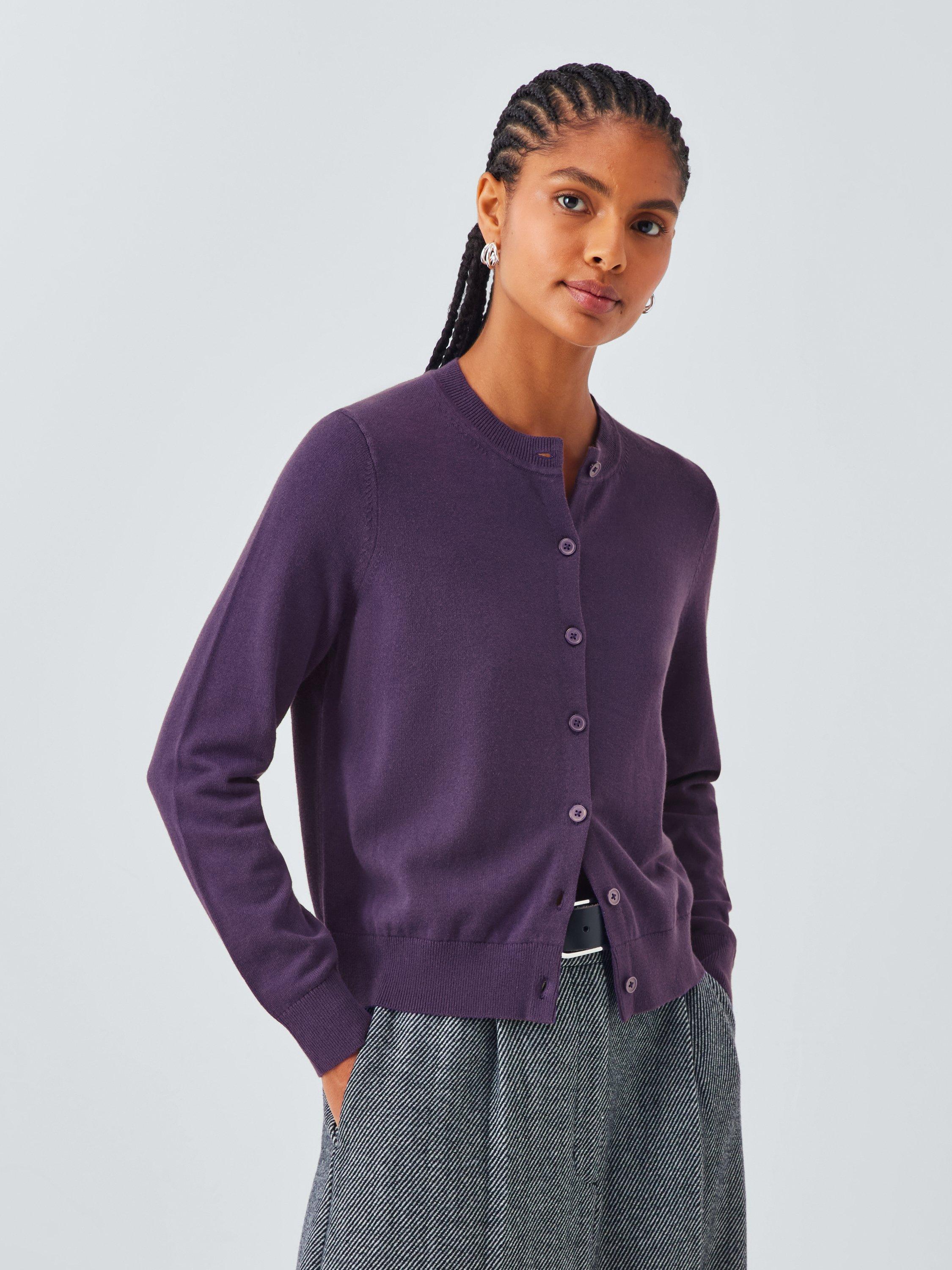 Product image 1 of 6, which shows John Lewis Cotton Crew Neck Cardigan, Purple, 8
