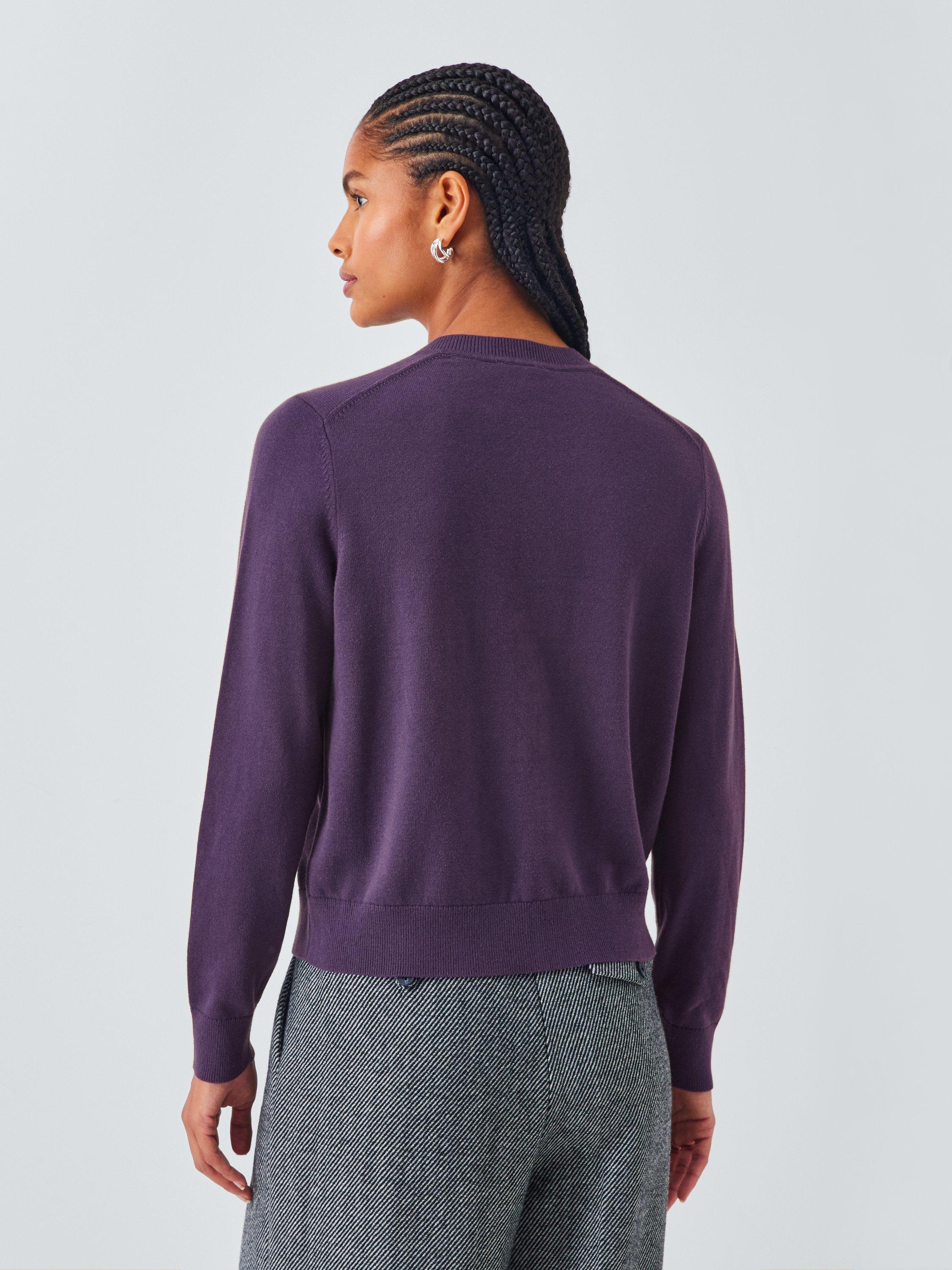Product image 2 of 6, which shows John Lewis Cotton Crew Neck Cardigan, Purple, 8