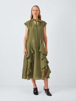 John Lewis Sleeveless Textured Tie Neck Ruffle Midi Dress containing TENCEL™ Lyocell, Khaki, Khaki