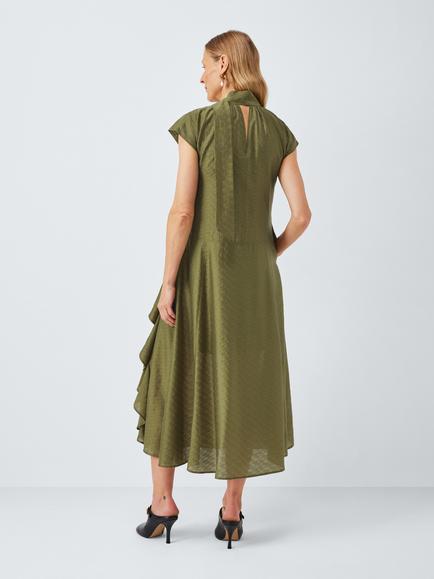 John Lewis Sleeveless Textured Tie Neck Ruffle Midi Dress containing TENCEL™ Lyocell, Khaki - view 2, Khaki
