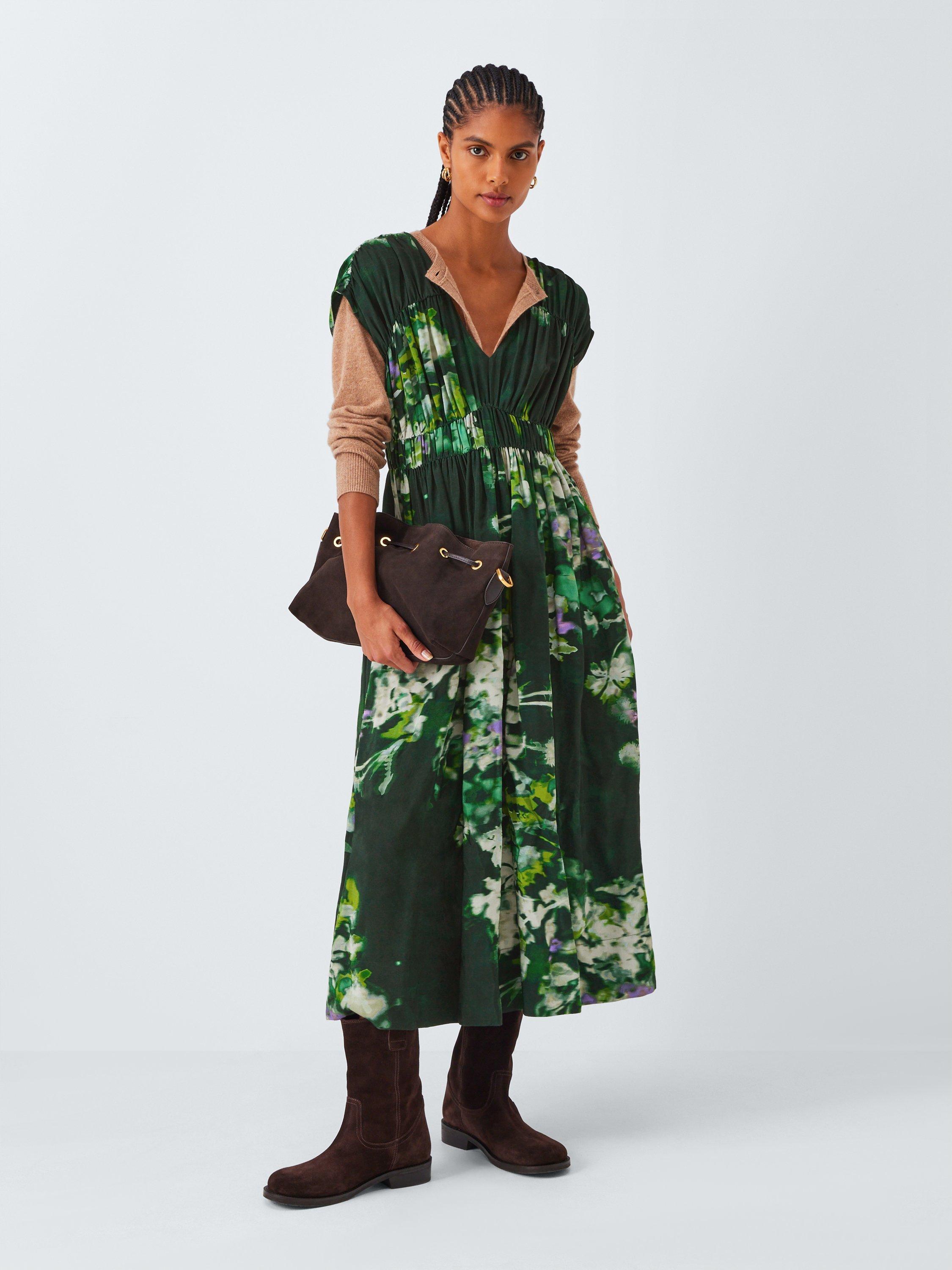 Product image 3 of 6, which shows John Lewis Cap Sleeve Wild Highland Print Midi Dress, Green/Multi, 8