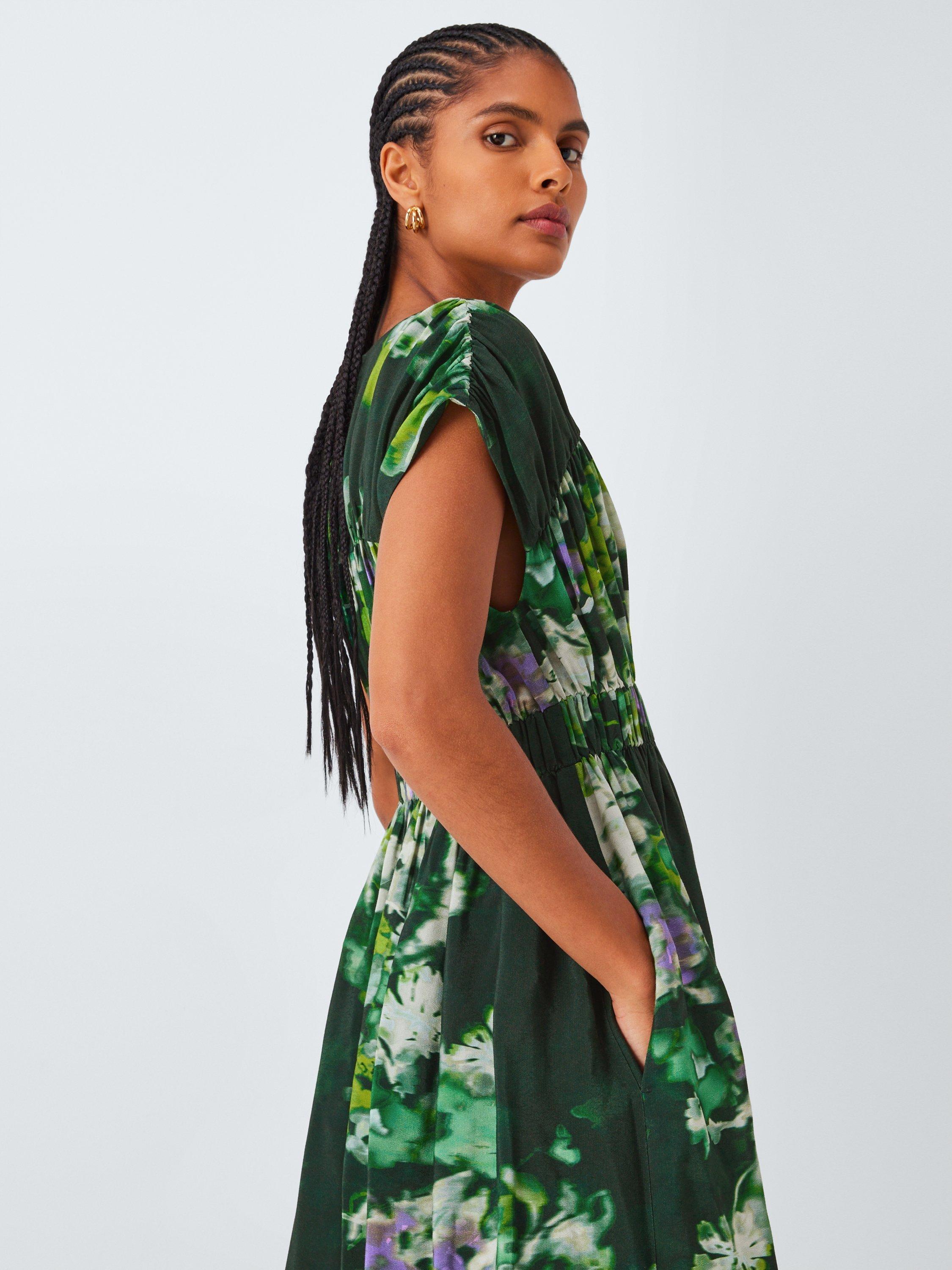 Product image 5 of 6, which shows John Lewis Cap Sleeve Wild Highland Print Midi Dress, Green/Multi, 8