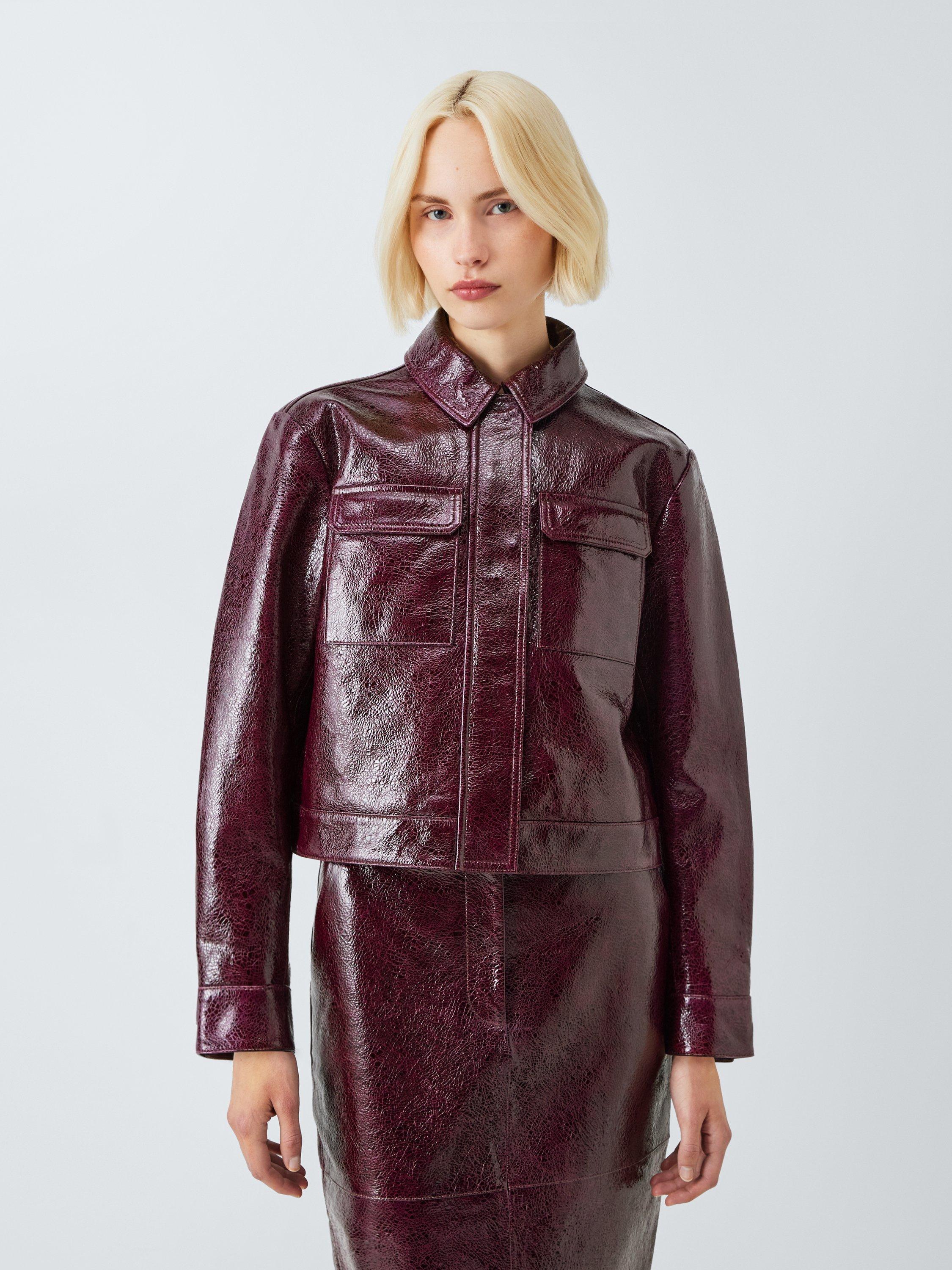 Product image 1 of 6, which shows John Lewis Short Crackled Patent Real Leather Jacket, Fig, 12
