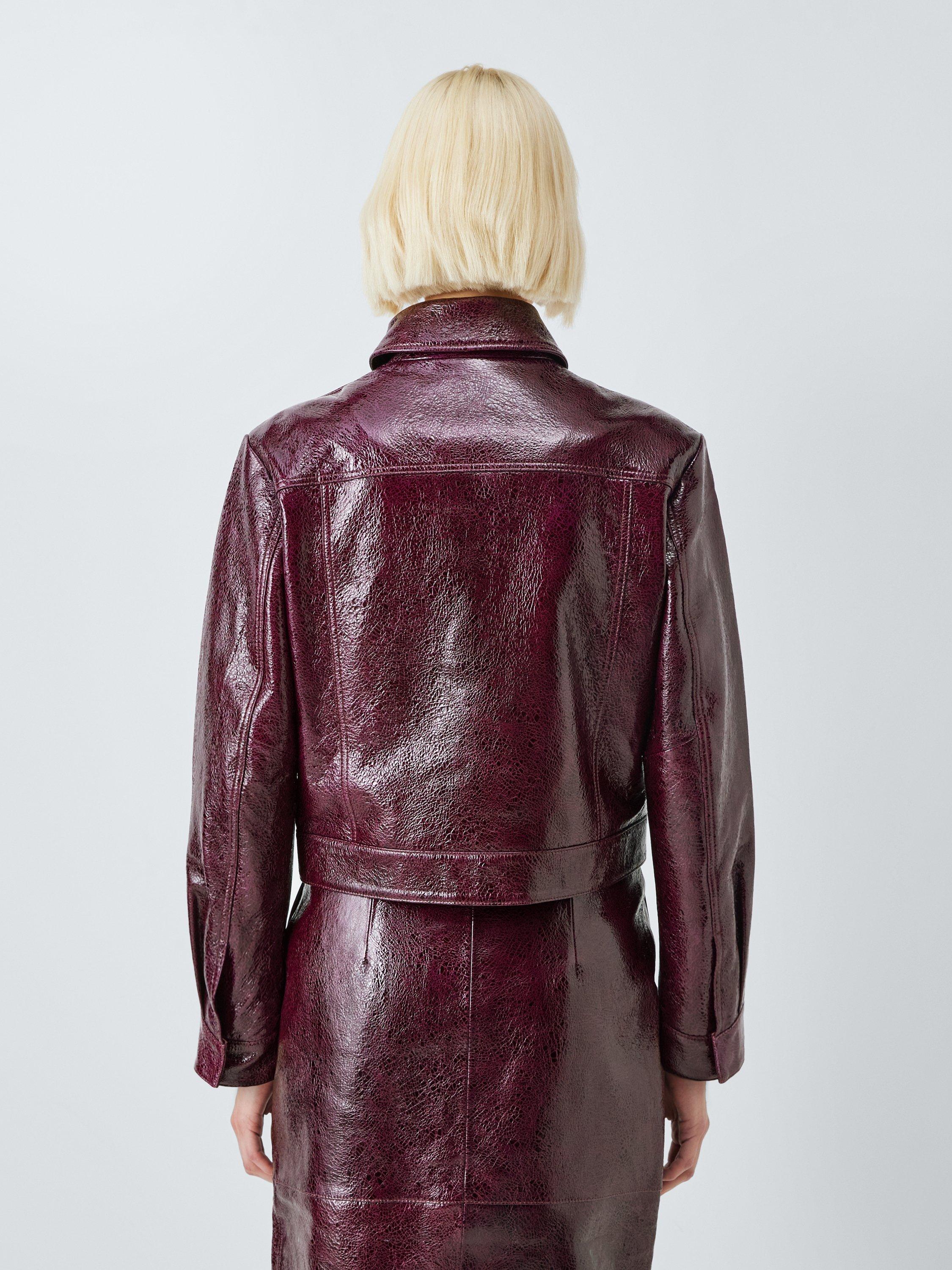 Product image 2 of 6, which shows John Lewis Short Crackled Patent Real Leather Jacket, Fig, 12