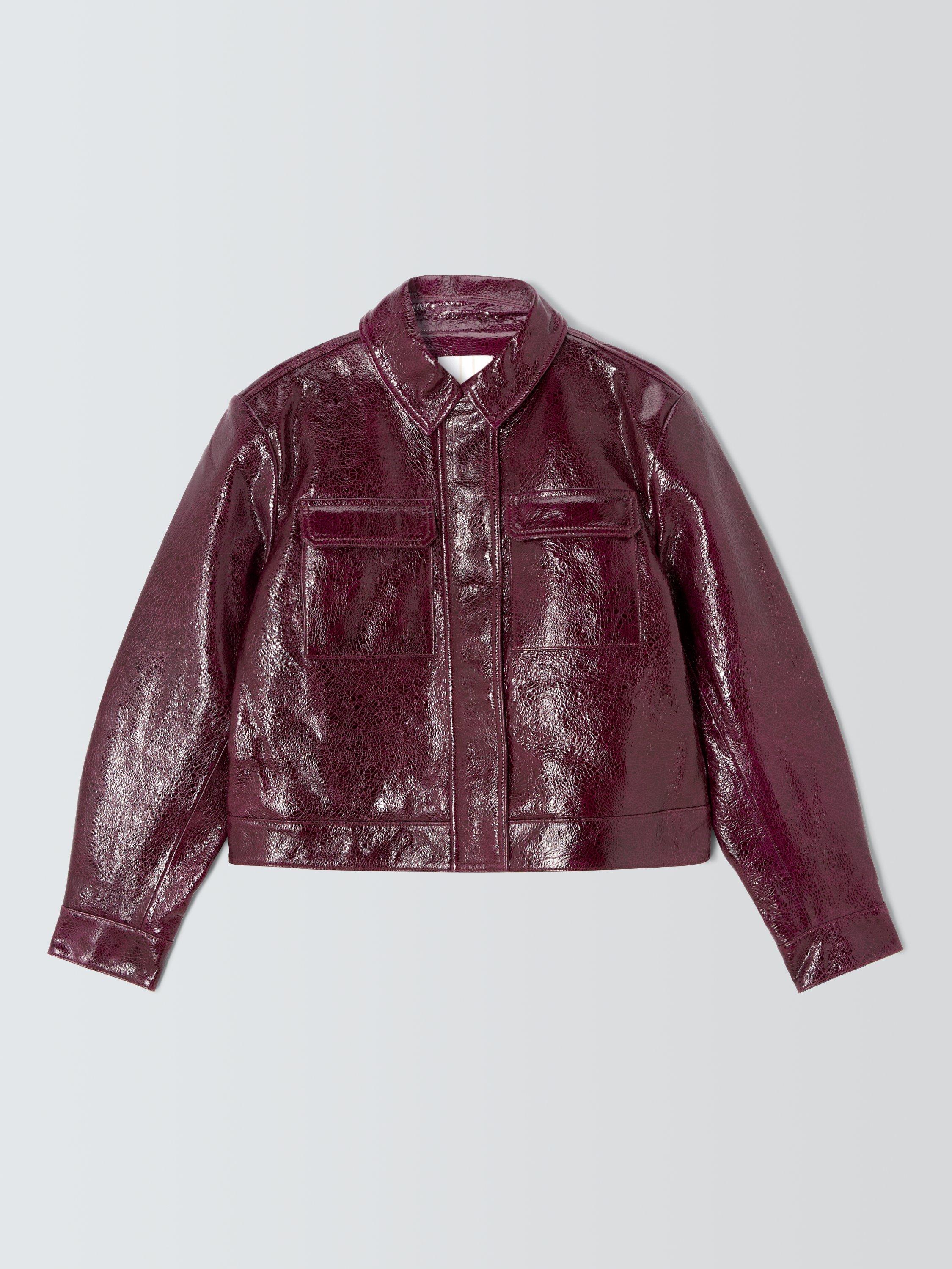 Product image 4 of 6, which shows John Lewis Short Crackled Patent Real Leather Jacket, Fig, 12