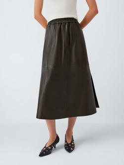 John Lewis Leather Midi Skirt, Olive, Olive