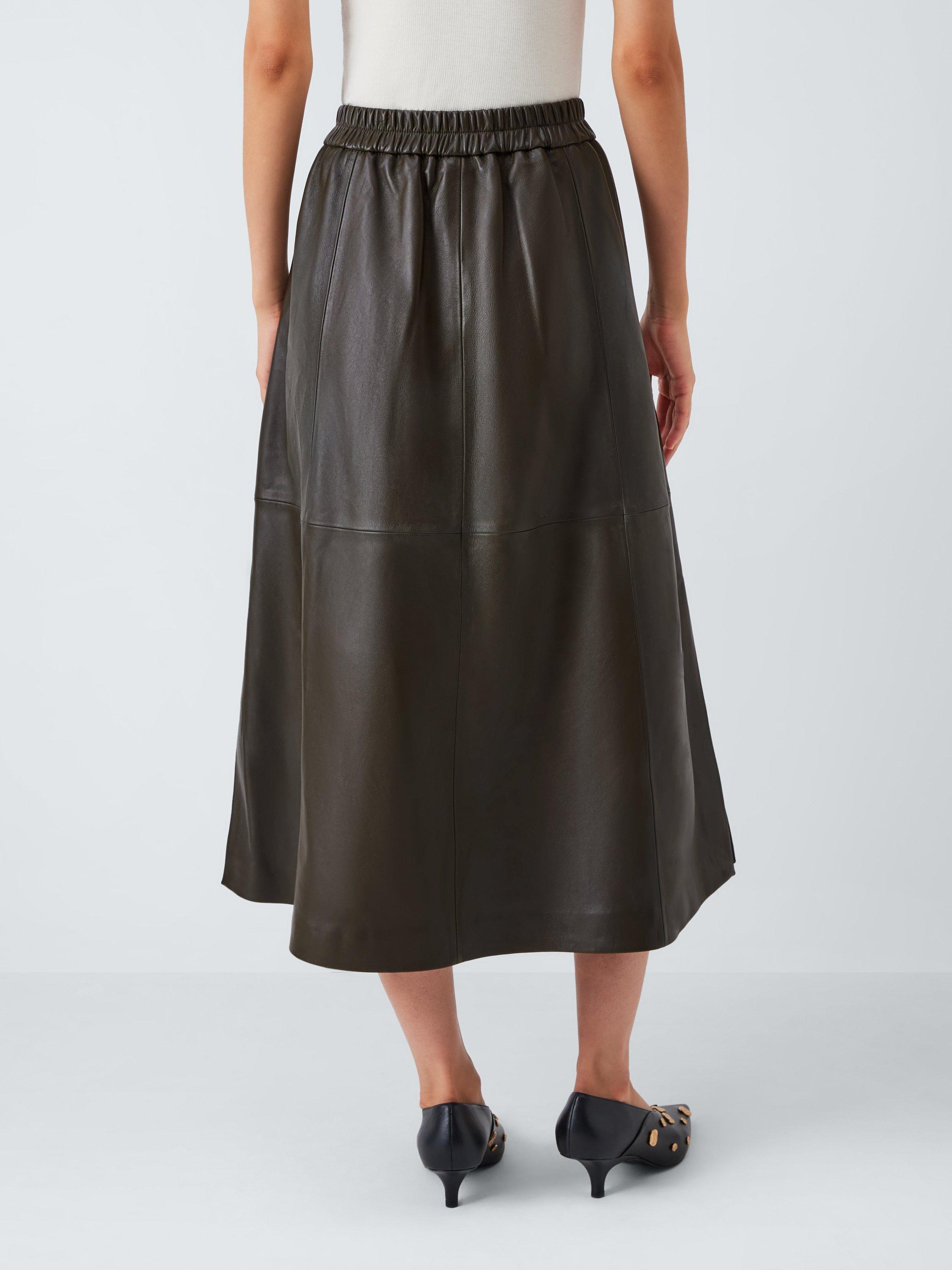 Product image 2 of 7, which shows John Lewis Leather Midi Skirt, Olive, 12