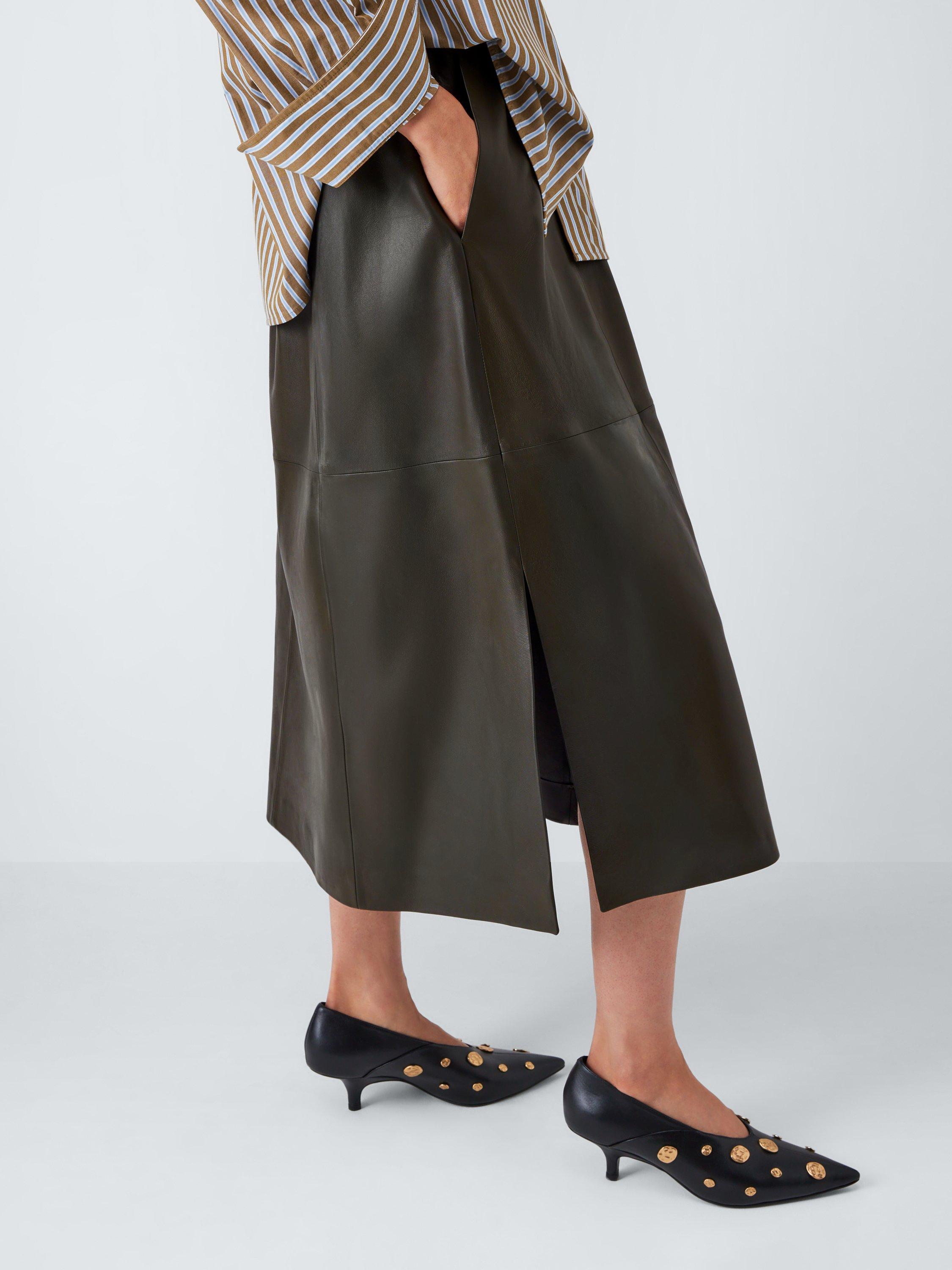 Product image 5 of 7, which shows John Lewis Leather Midi Skirt, Olive, 12