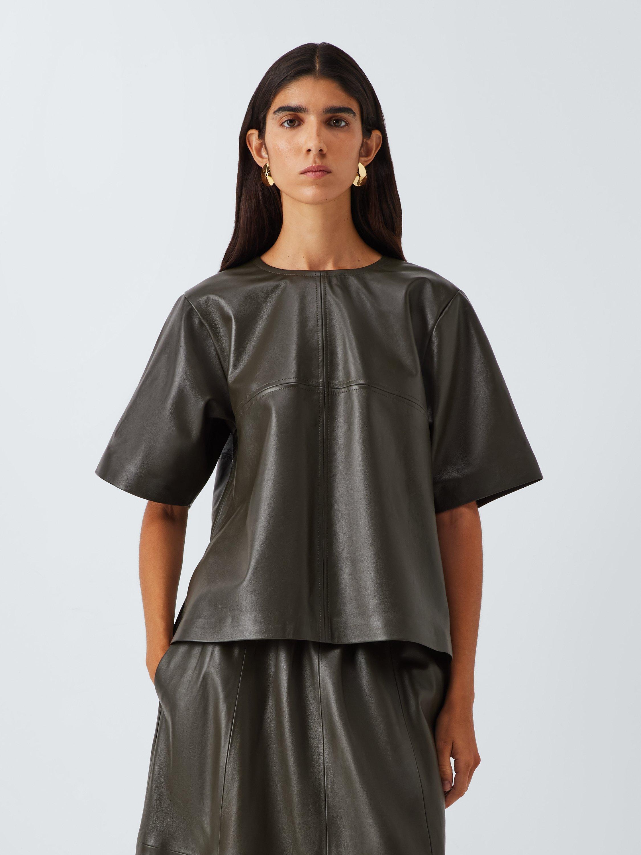 Product image 1 of 6, which shows John Lewis Oversized Leather T-Shirt, Olive, 8