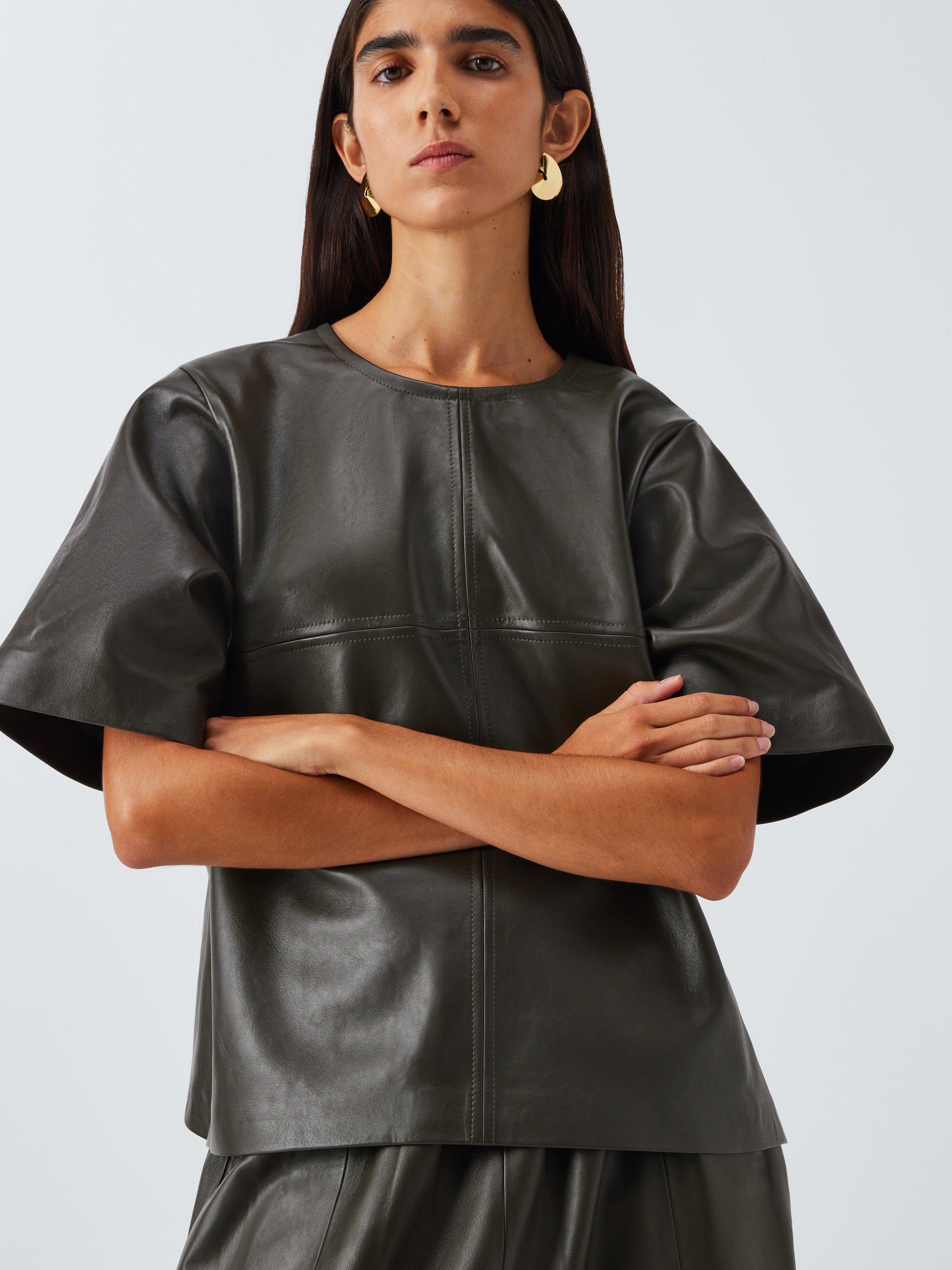 Product image 5 of 6, which shows John Lewis Oversized Leather T-Shirt, Olive, 8