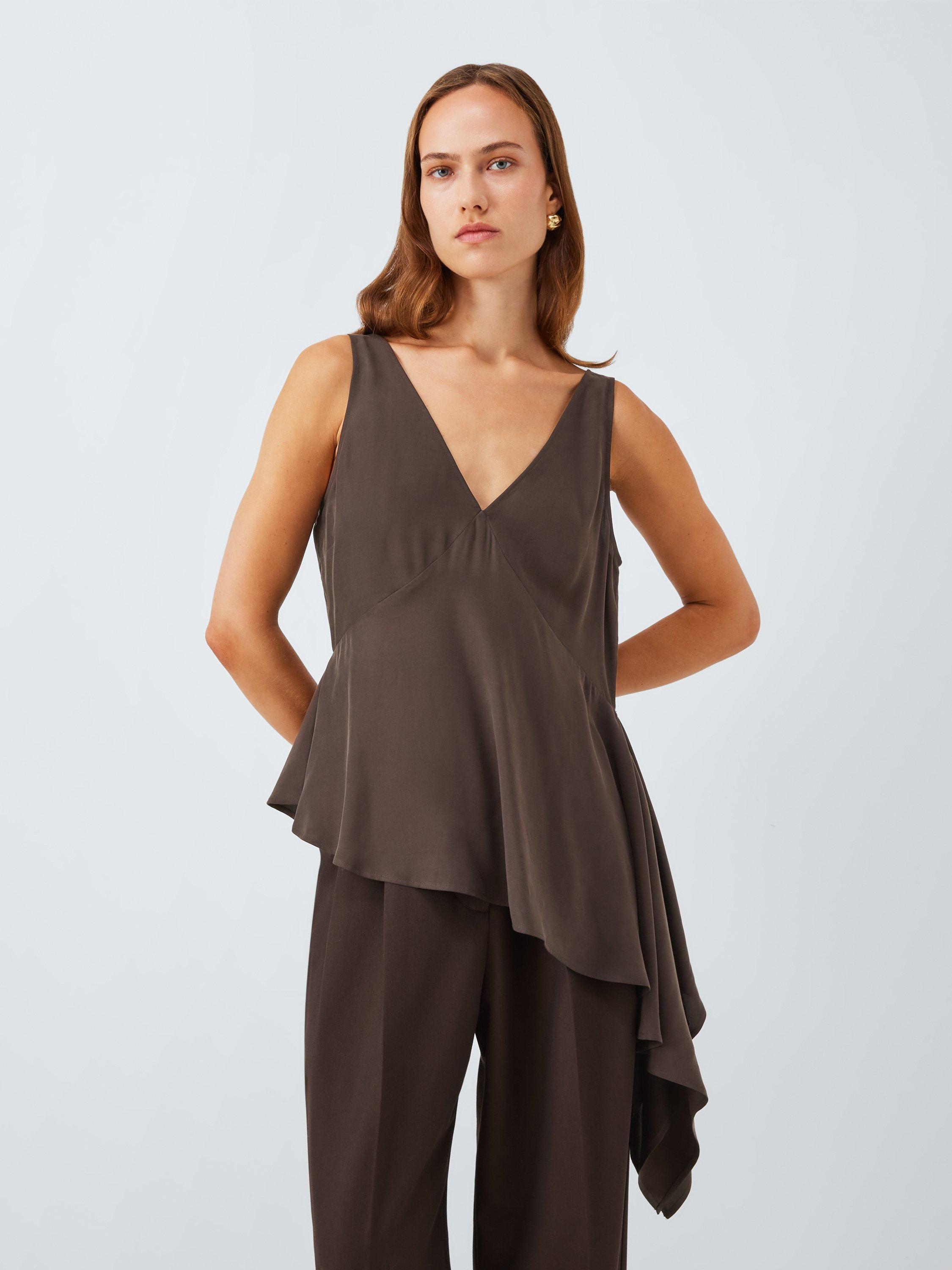 Product image 1 of 6, which shows John Lewis Sleeveless Draped Ruffle Top containing LENZING™ ECOVERO™ Viscose, Brown, 8
