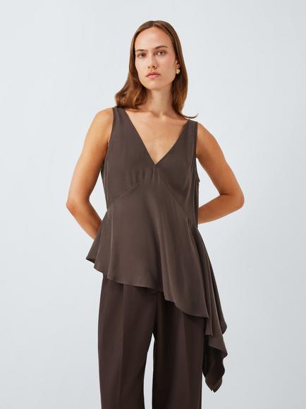 John Lewis Sleeveless Draped Ruffle Top containing LENZING™ ECOVERO™ Viscose, Brown