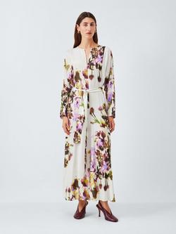 John Lewis Floral Long Sleeve Round Neck Maxi Dress containing LENZING™ ECOVERO™ Viscose, White/Multi