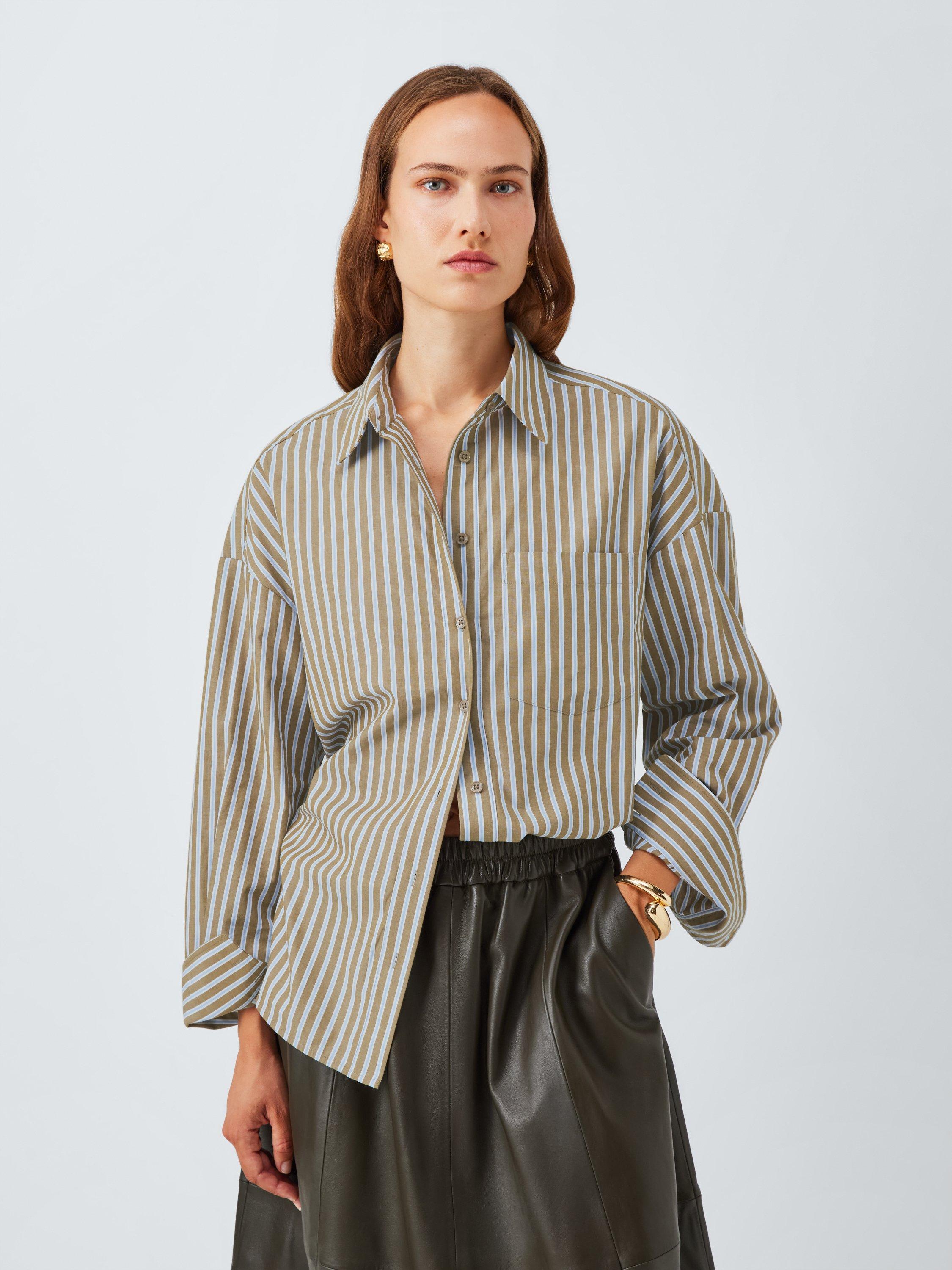 Product image 1 of 6, which shows John Lewis Split Sleeve Striped Cotton Shirt, Natural Stripe, 14