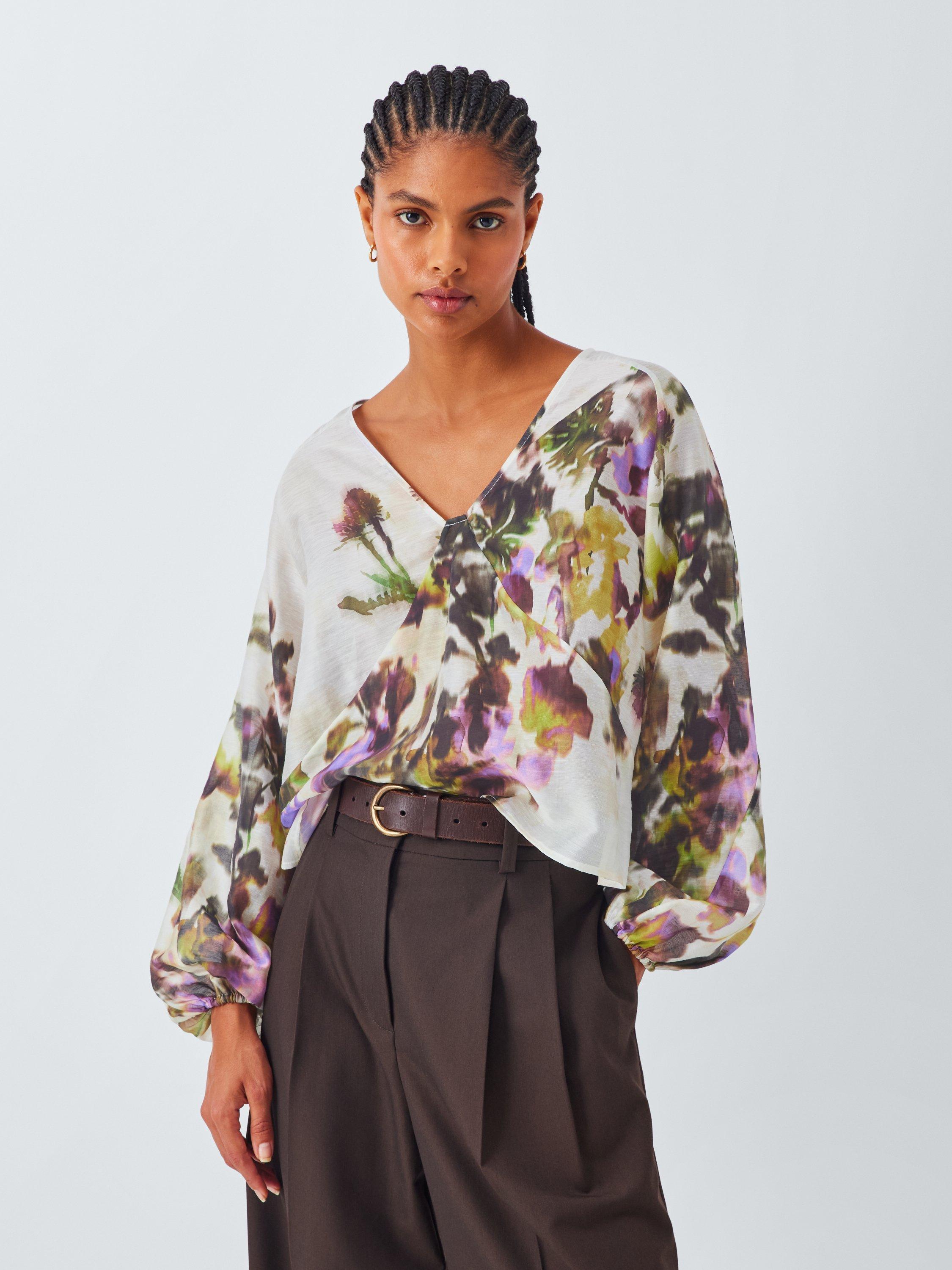 Product image 1 of 7, which shows John Lewis Wild Highland Print V-Neck Blouse, White/Multi, 8