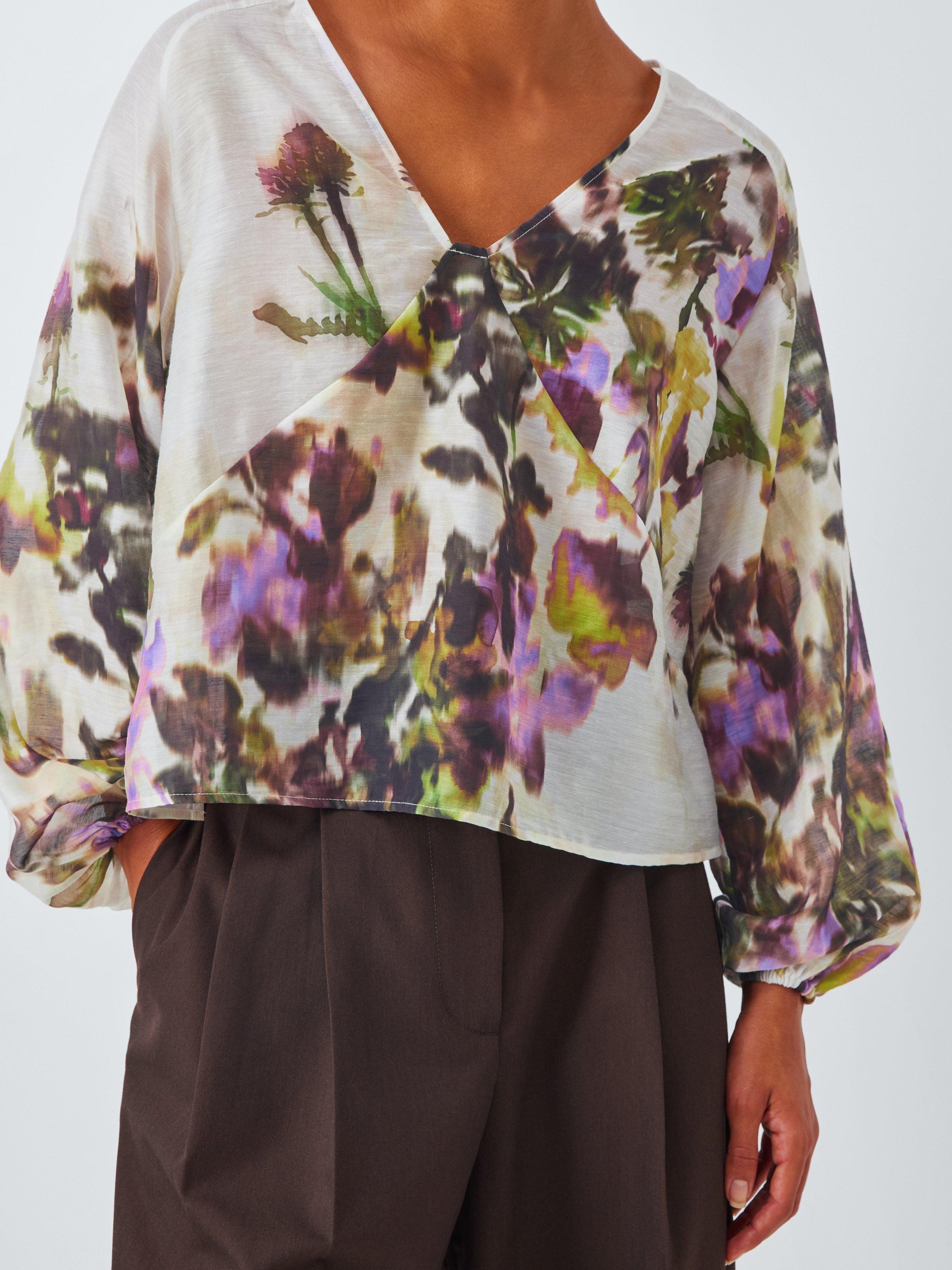 Product image 6 of 7, which shows John Lewis Wild Highland Print V-Neck Blouse, White/Multi, 8