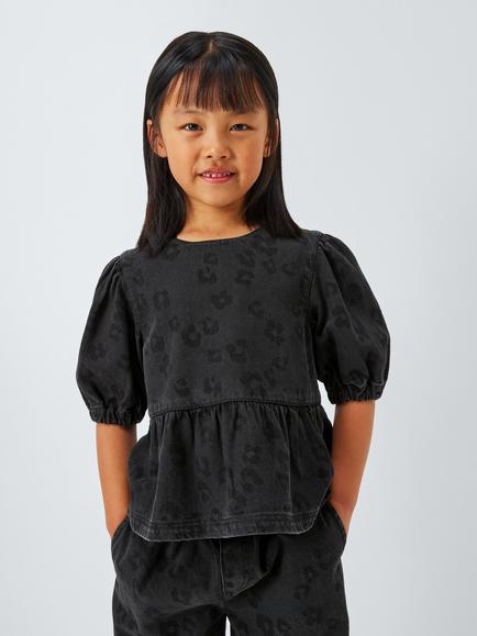 John Lewis Kids' Leopard Print Denim Top, Grey Leo Denim, Grey Leo Denim