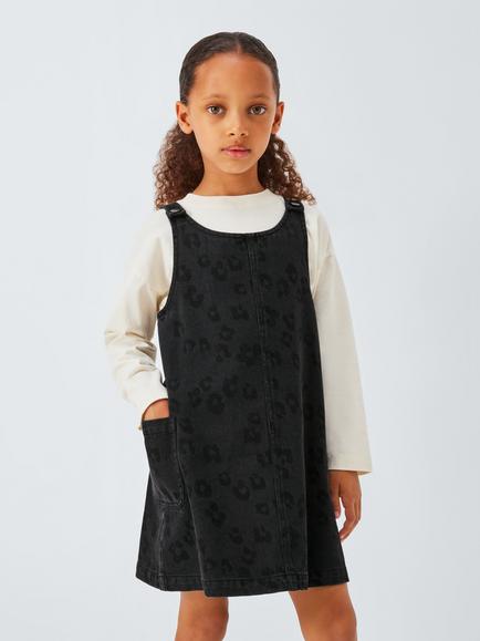 John Lewis Kids' Jersey Top & Leopard Print Pinafore Dress, Grey Denim, Grey Denim