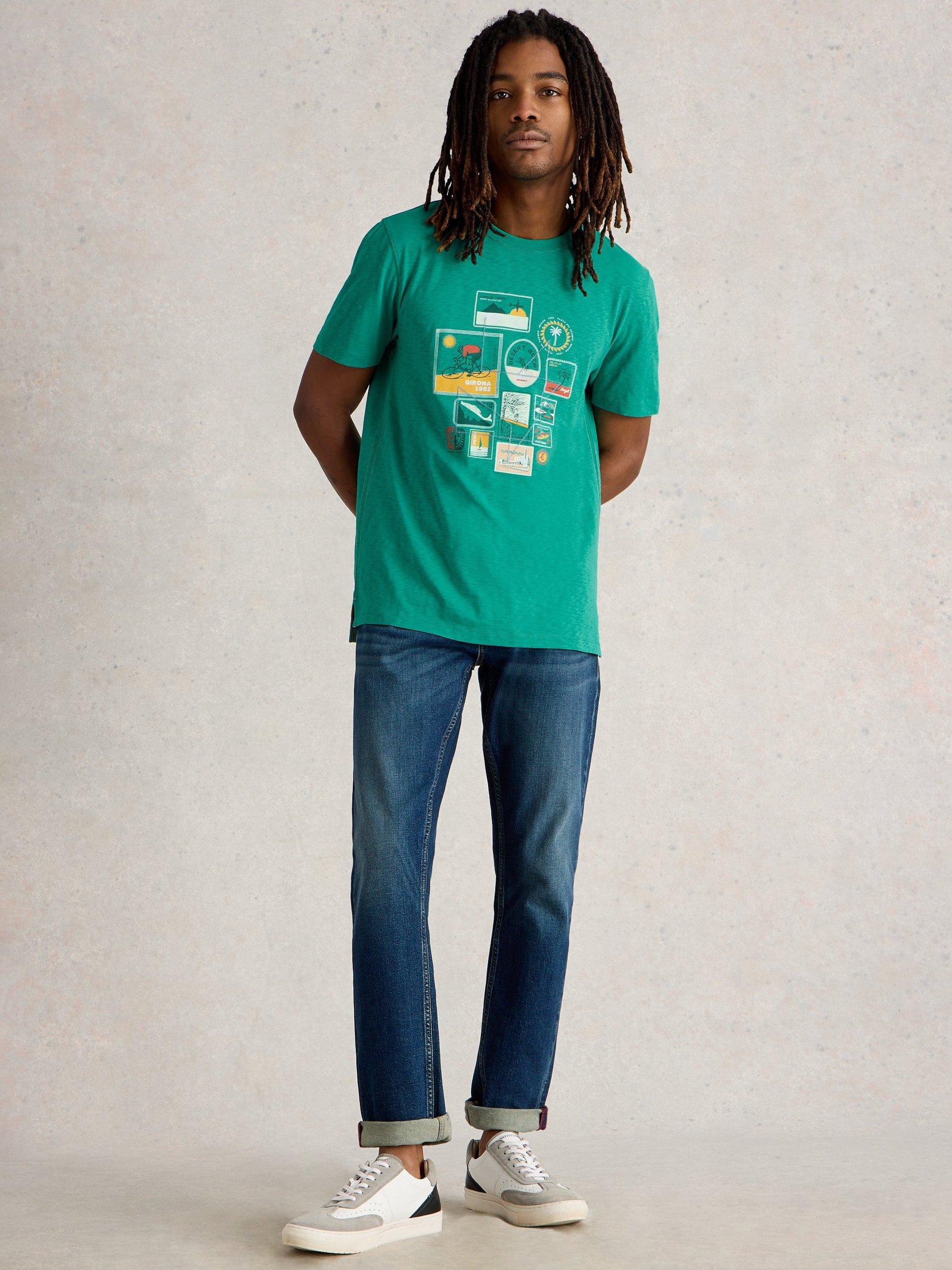 Product image 1 of 6, which shows White Stuff Cotton Regular Fit Short Sleeve Graphic Travel T-Shirt, Green, S