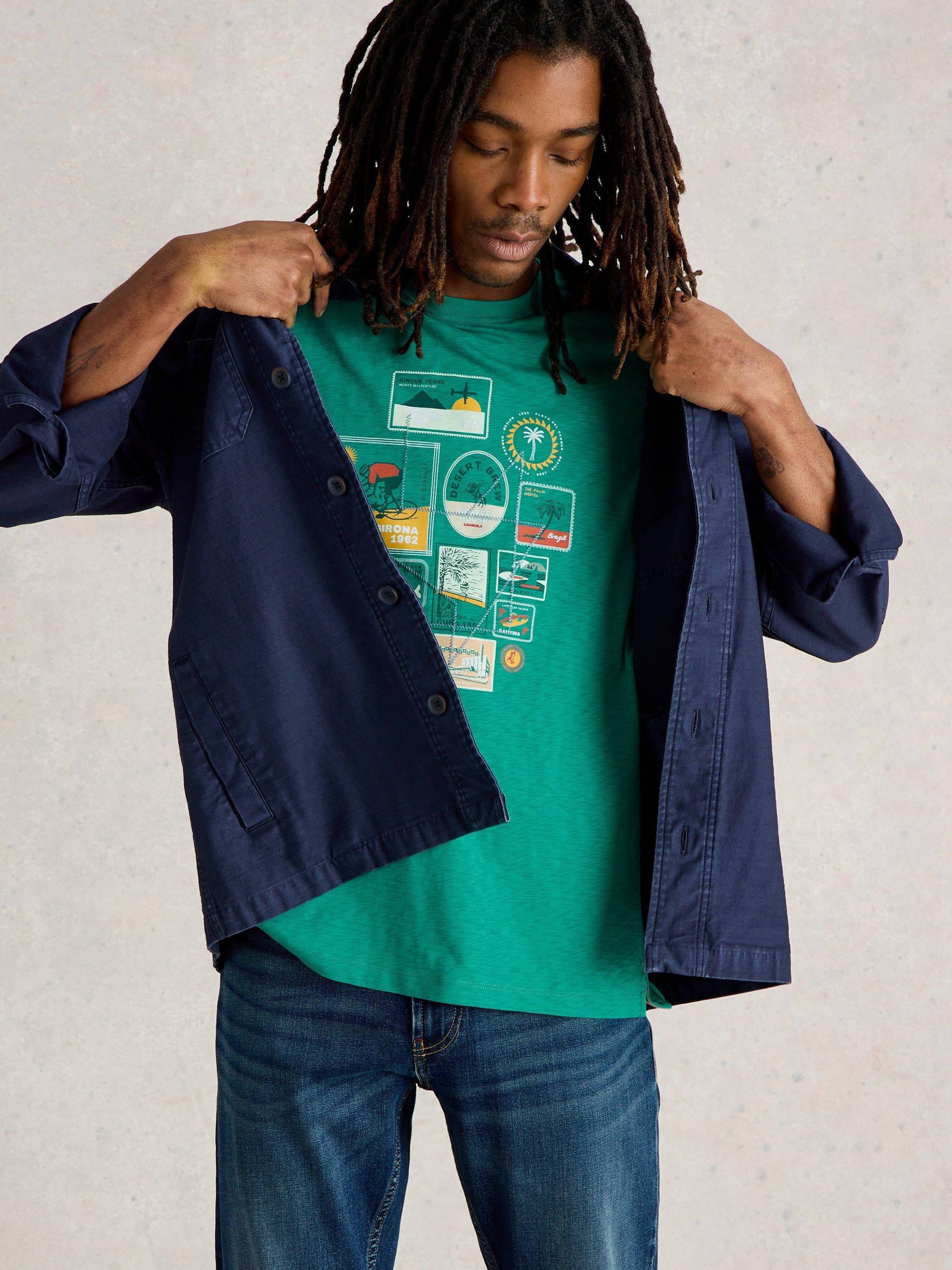 Product image 4 of 6, which shows White Stuff Cotton Regular Fit Short Sleeve Graphic Travel T-Shirt, Green, S