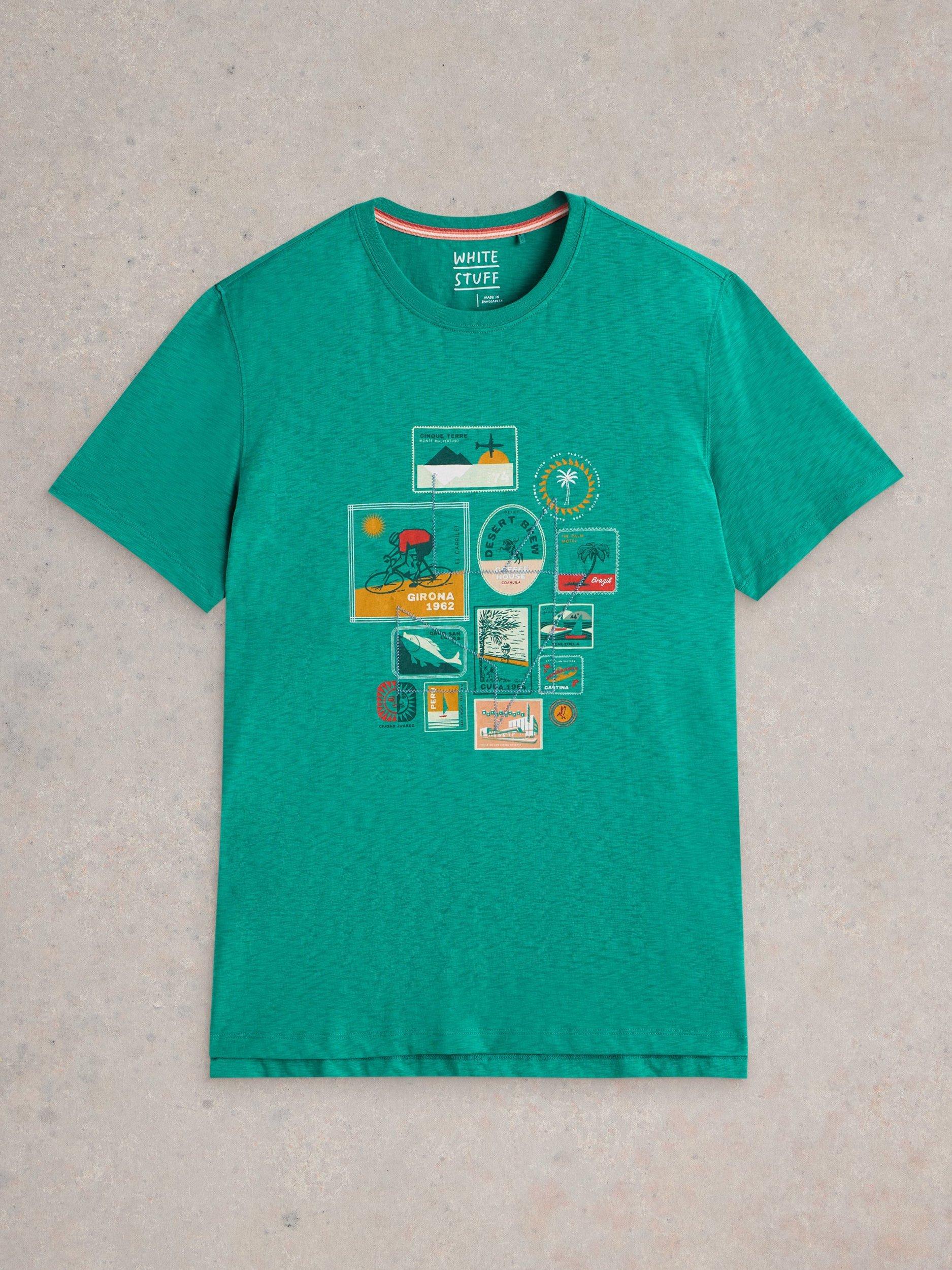 Product image 5 of 6, which shows White Stuff Cotton Regular Fit Short Sleeve Graphic Travel T-Shirt, Green, S