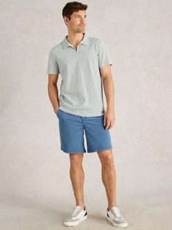 White Stuff Cotton Regular Fit Geometric Print Polo Shirt, Mid Blue, Mid Blue