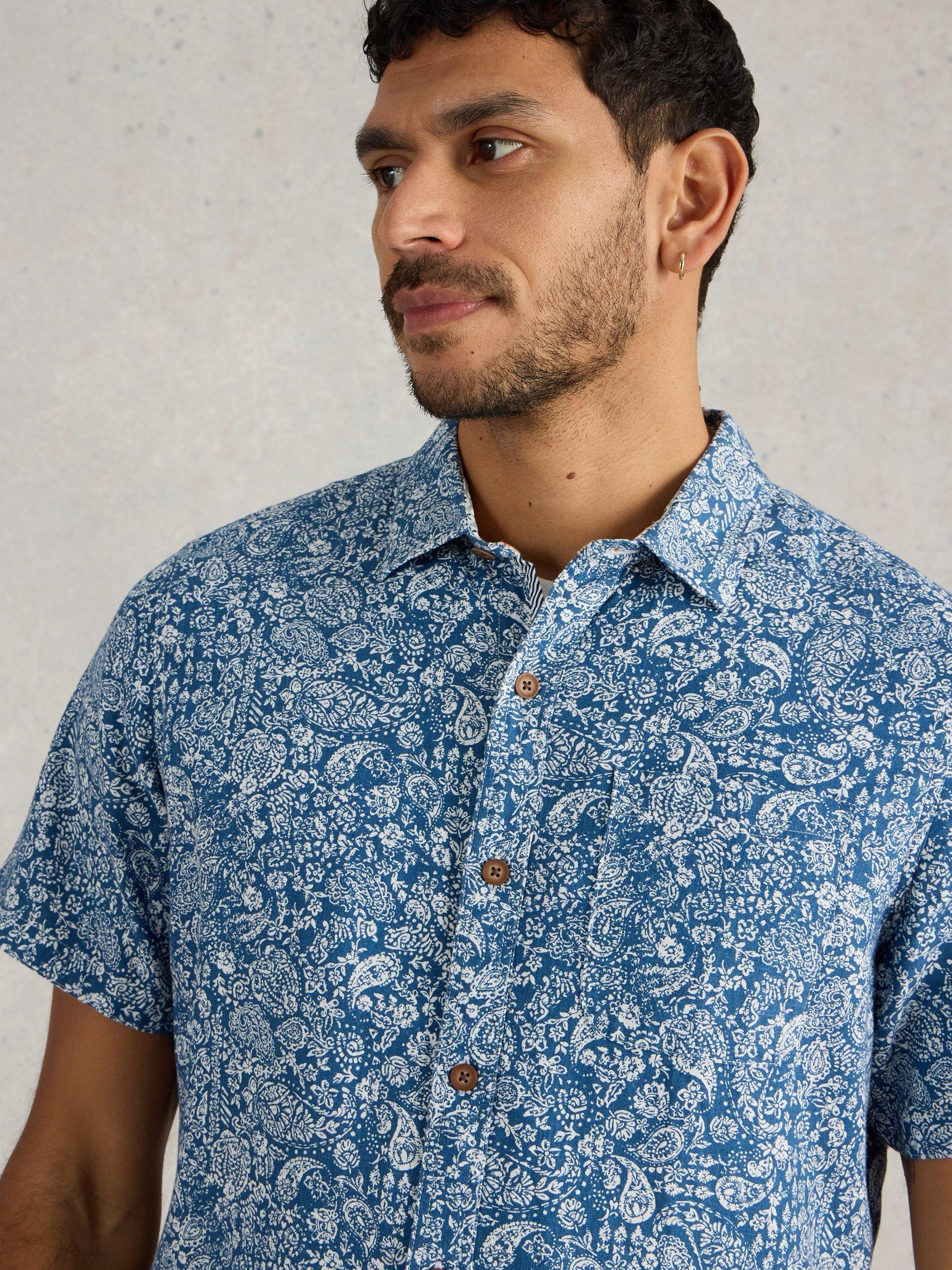 Product image 3 of 6, which shows White Stuff Finsbury Linen Blend Regular Fit Floral Print Shirt, Mid Blue, XXS