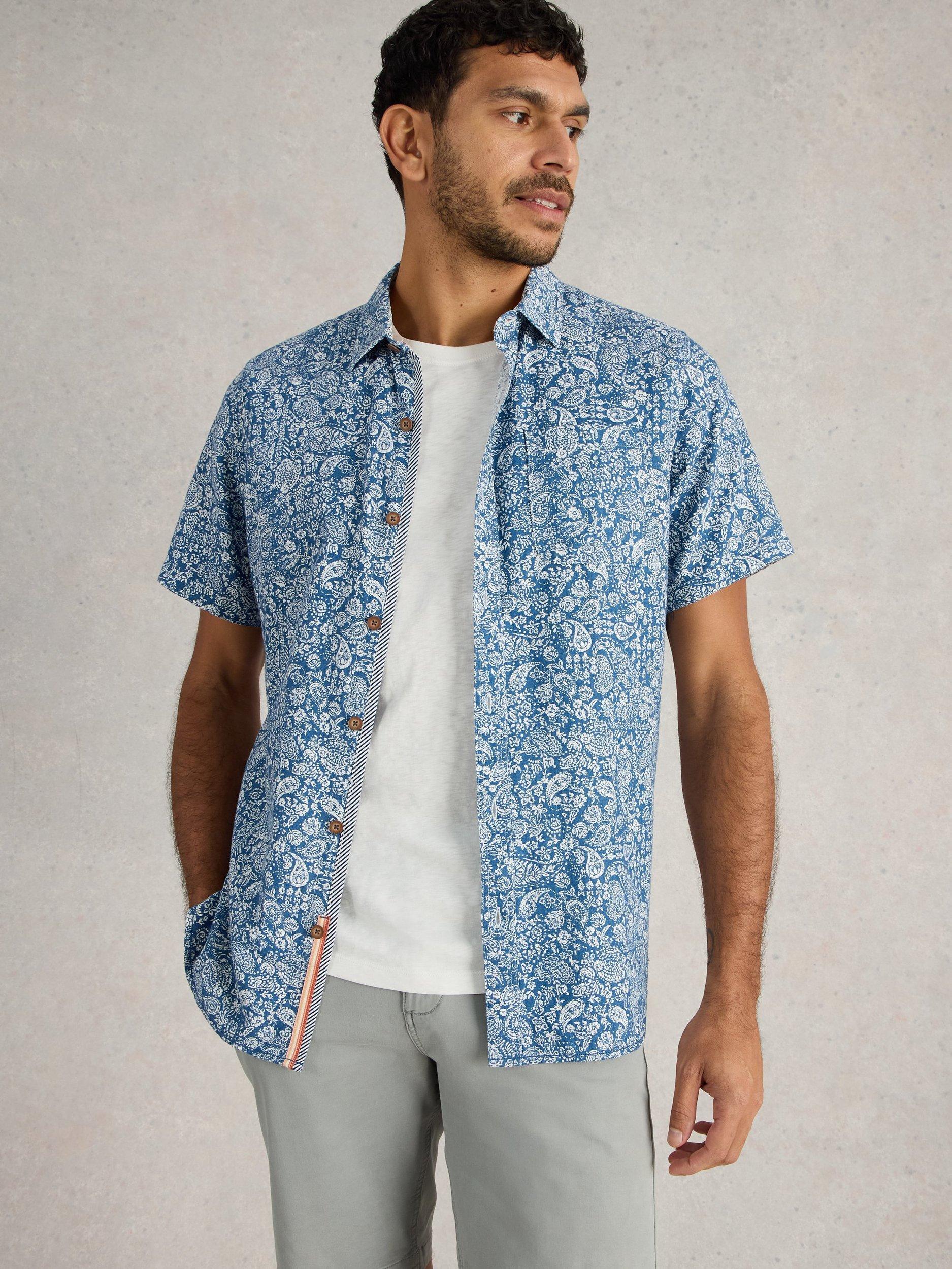Product image 4 of 6, which shows White Stuff Finsbury Linen Blend Regular Fit Floral Print Shirt, Mid Blue, XXS