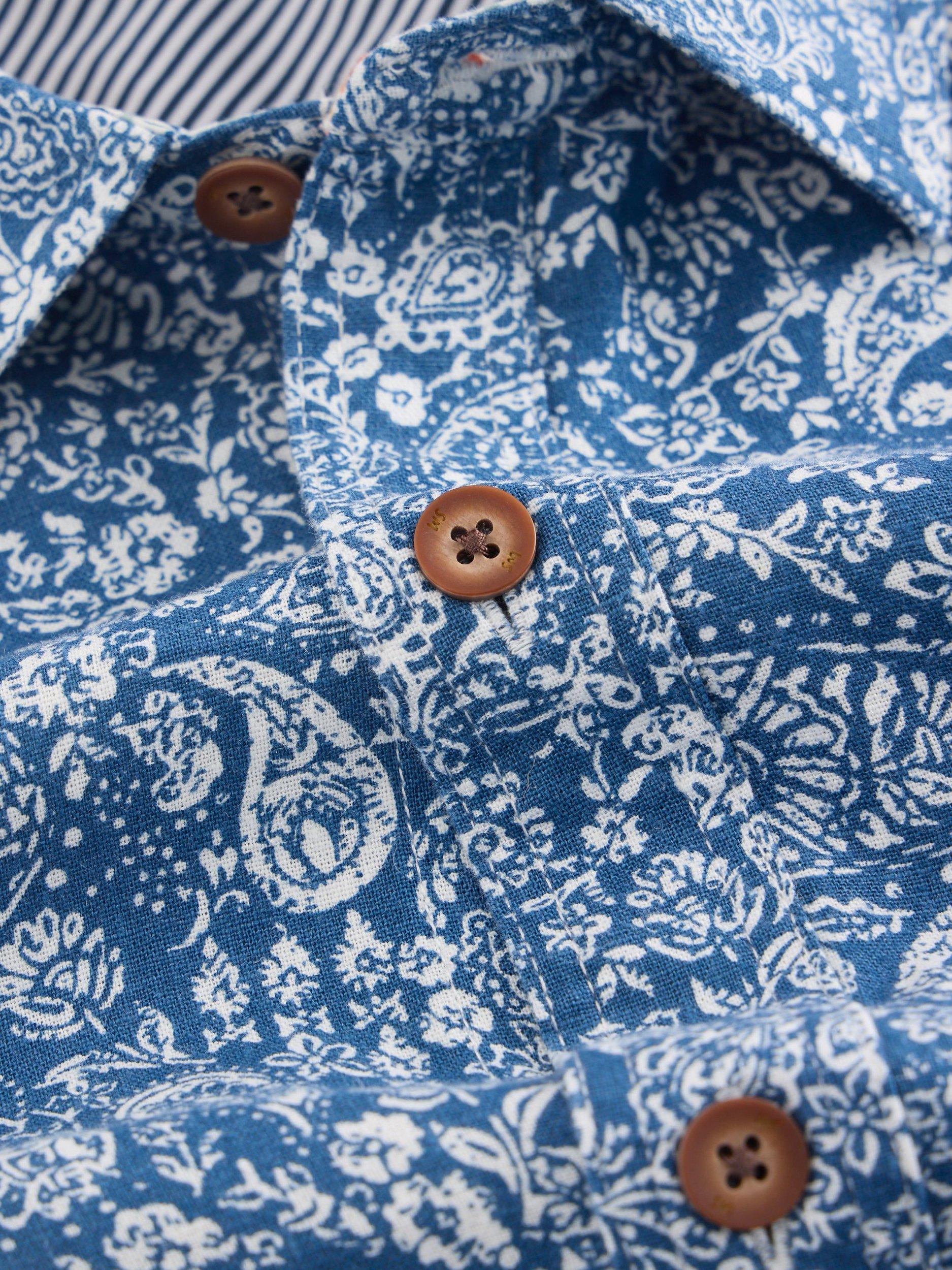 Product image 6 of 6, which shows White Stuff Finsbury Linen Blend Regular Fit Floral Print Shirt, Mid Blue, XXS